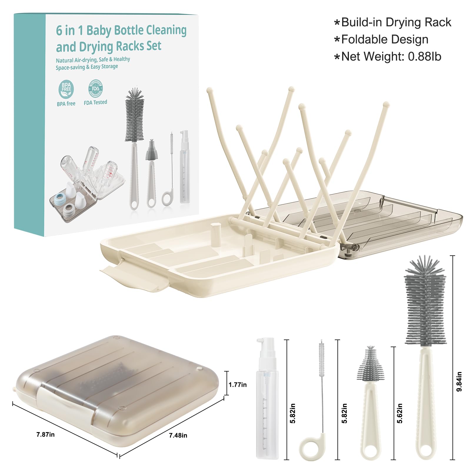 6-in-1 Baby Bottle Brush Set with Drying Rack & Storage - Home & Travel Essentials