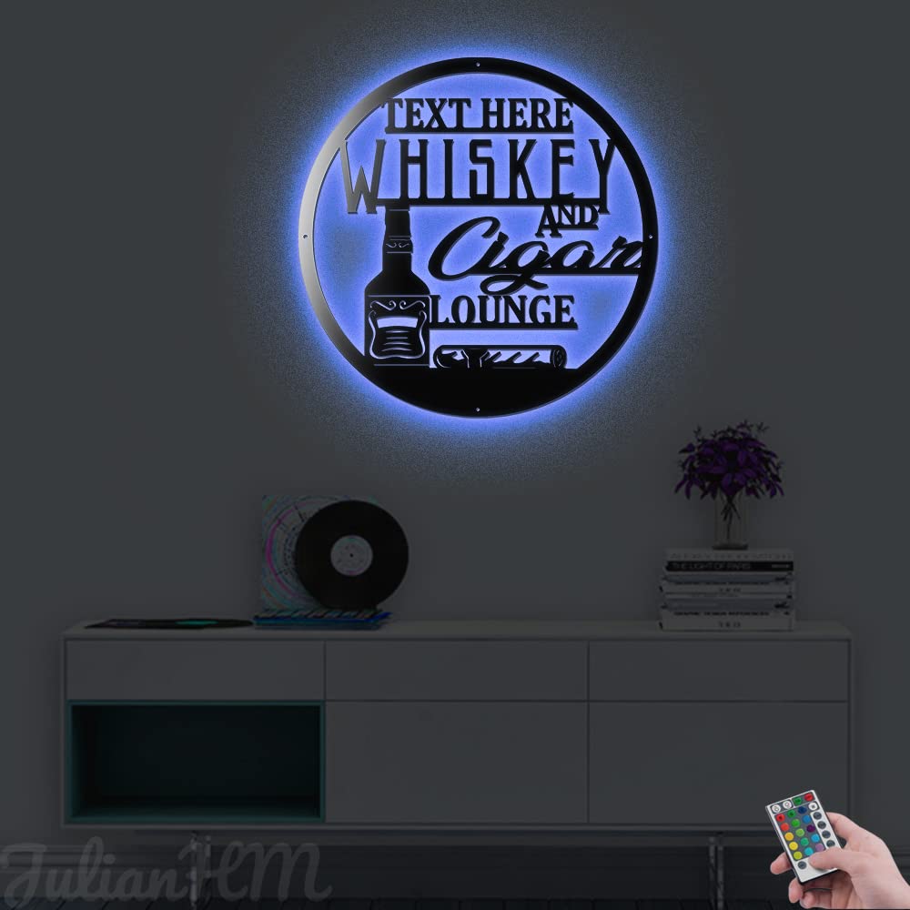 Personalized Whiskey & Cigar Lounge LED Metal Wall Art - Custom Bar Name Sign with Lights (24x24 Inches) - Perfect for Home Bar Decor, Man Cave, and Smoking Room Ambiance