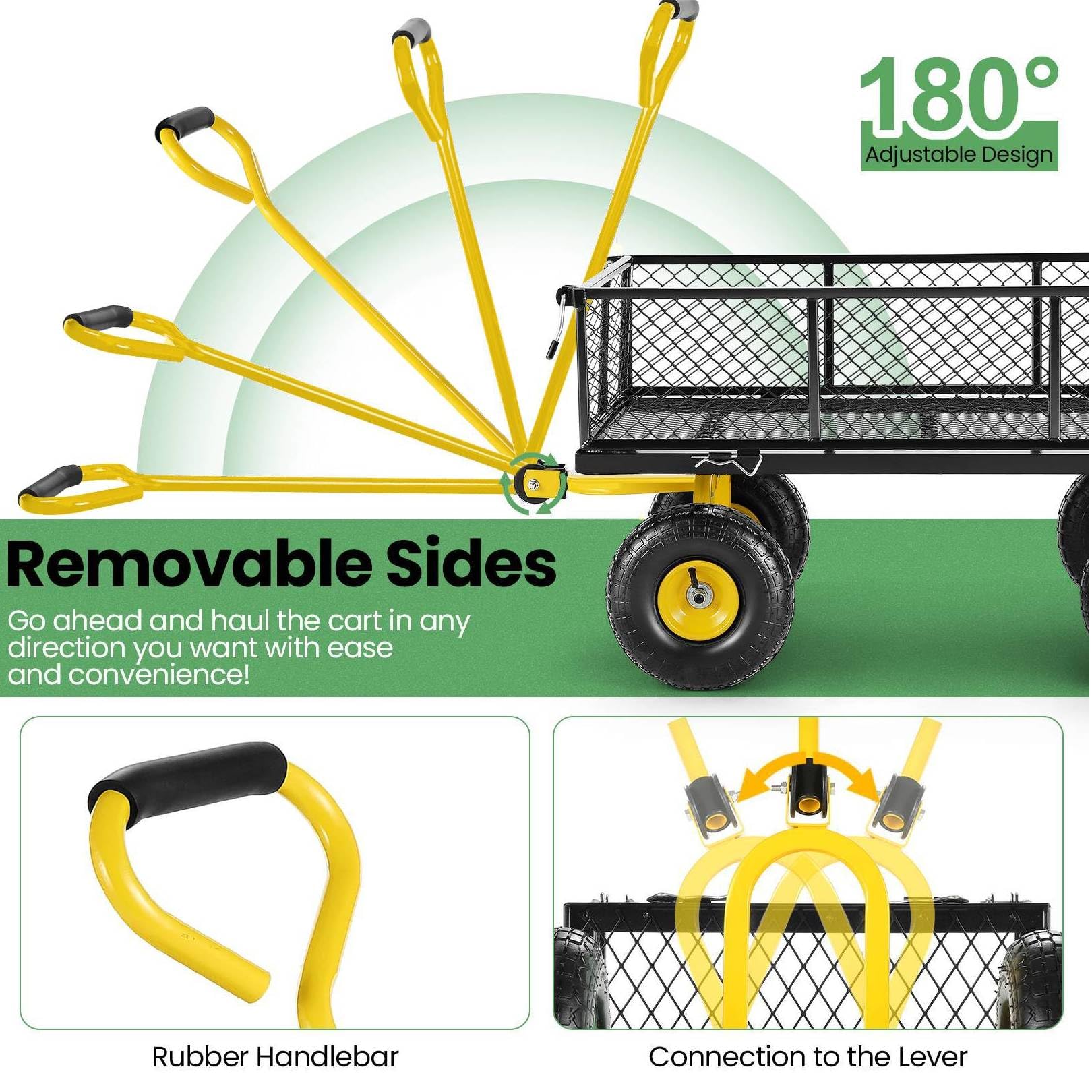 Homdox MAX 660LB Heavy Duty Foldable Garden Cart - 180° Rotating Handle Pullable Wagon with Mesh Sides | Collapsible Yard Utility Cart for Gardening, Beach, Farm & Outdoor Use | Yellow