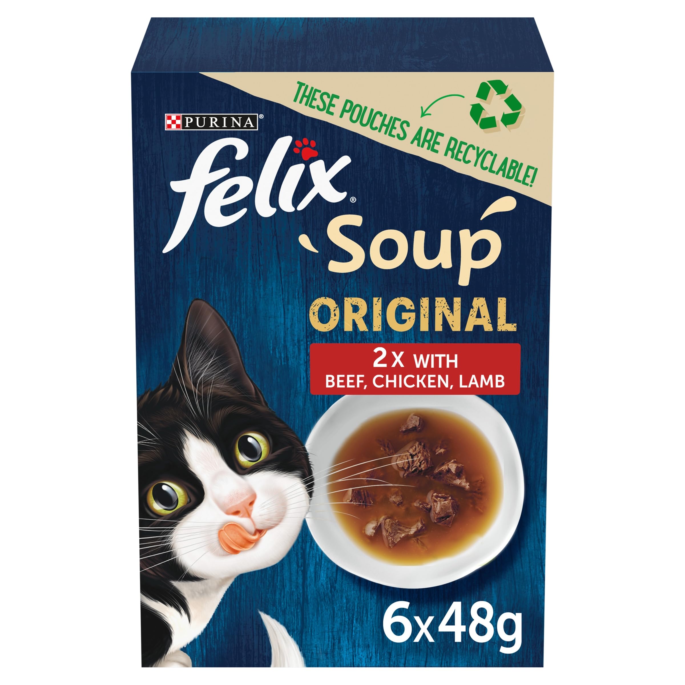 Premium Felix Soup Cat Food - Fish Selection (6x48g, Pack of 8) | Delicious Wet Cat Food for Adult Cats | Perfect for Mealtime, Travel & Treats