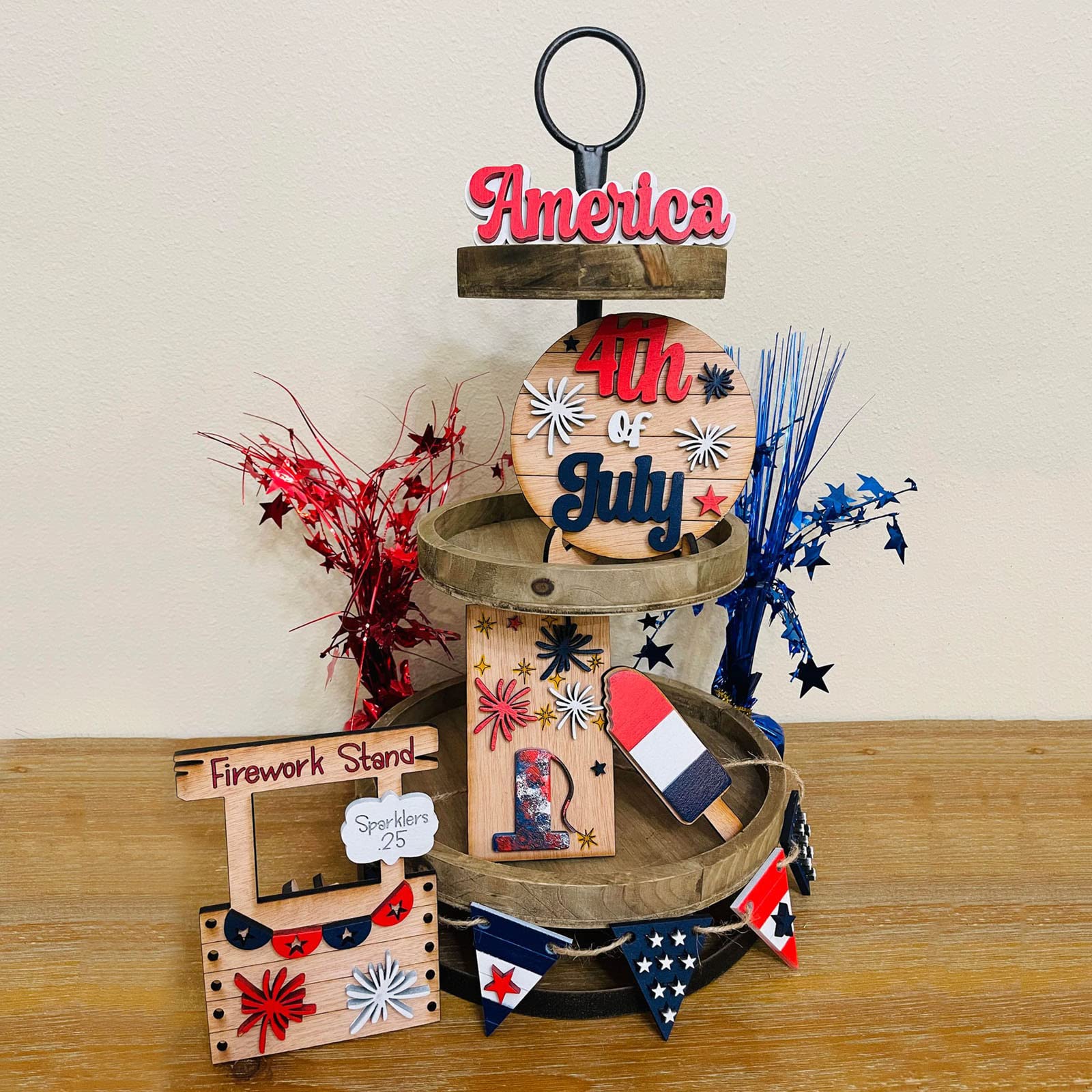 Patriotic Wooden Tiered Tray Decor Set - July 4th Independence Day Farmhouse Decor for Home & Party