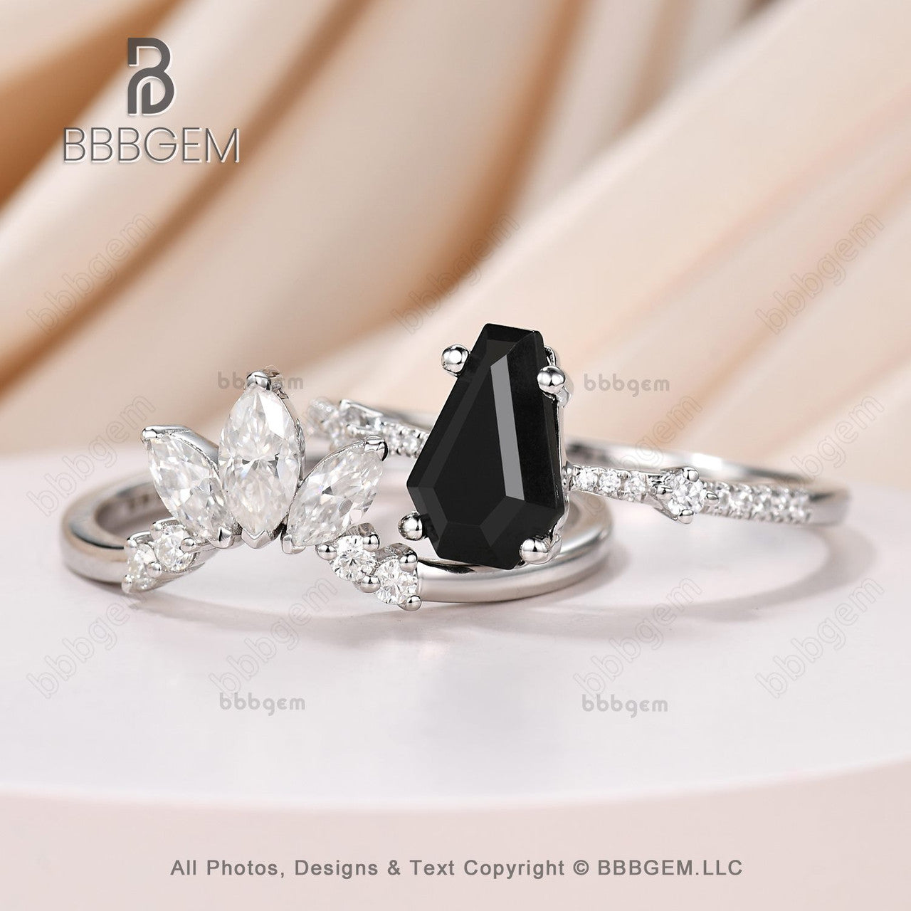 Women's Black Onyx Coffin Statement Ring Set - 3 Stone Marquise Moissanite Curve Band White Gold Promise Ring for Engagement, Anniversary & Special Occasions