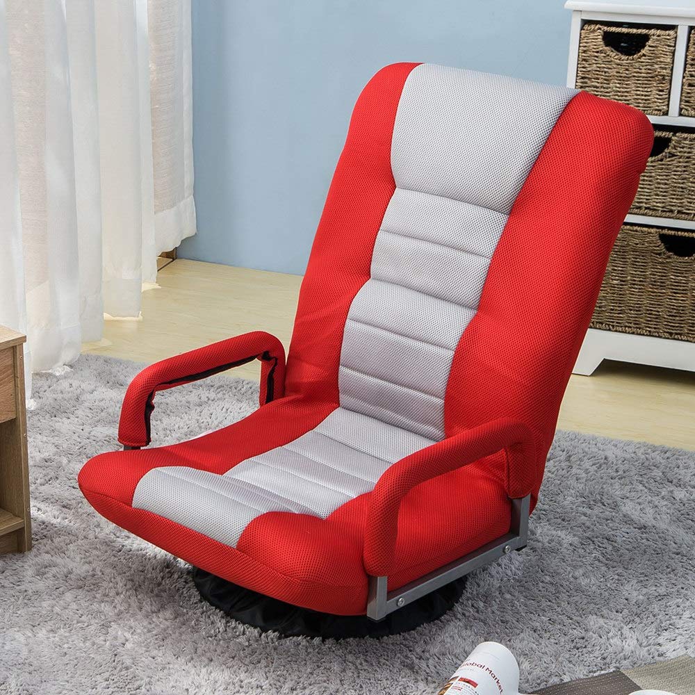 360 Degree Swivel Gaming Chair - 7-Position Adjustable Foldable Floor Chair with Armrests, Ergonomic Lazy Sofa Lounger for Living Room, Bedroom or Game Room - Perfect for Video Gaming, Movie Nights and Relaxing - Red