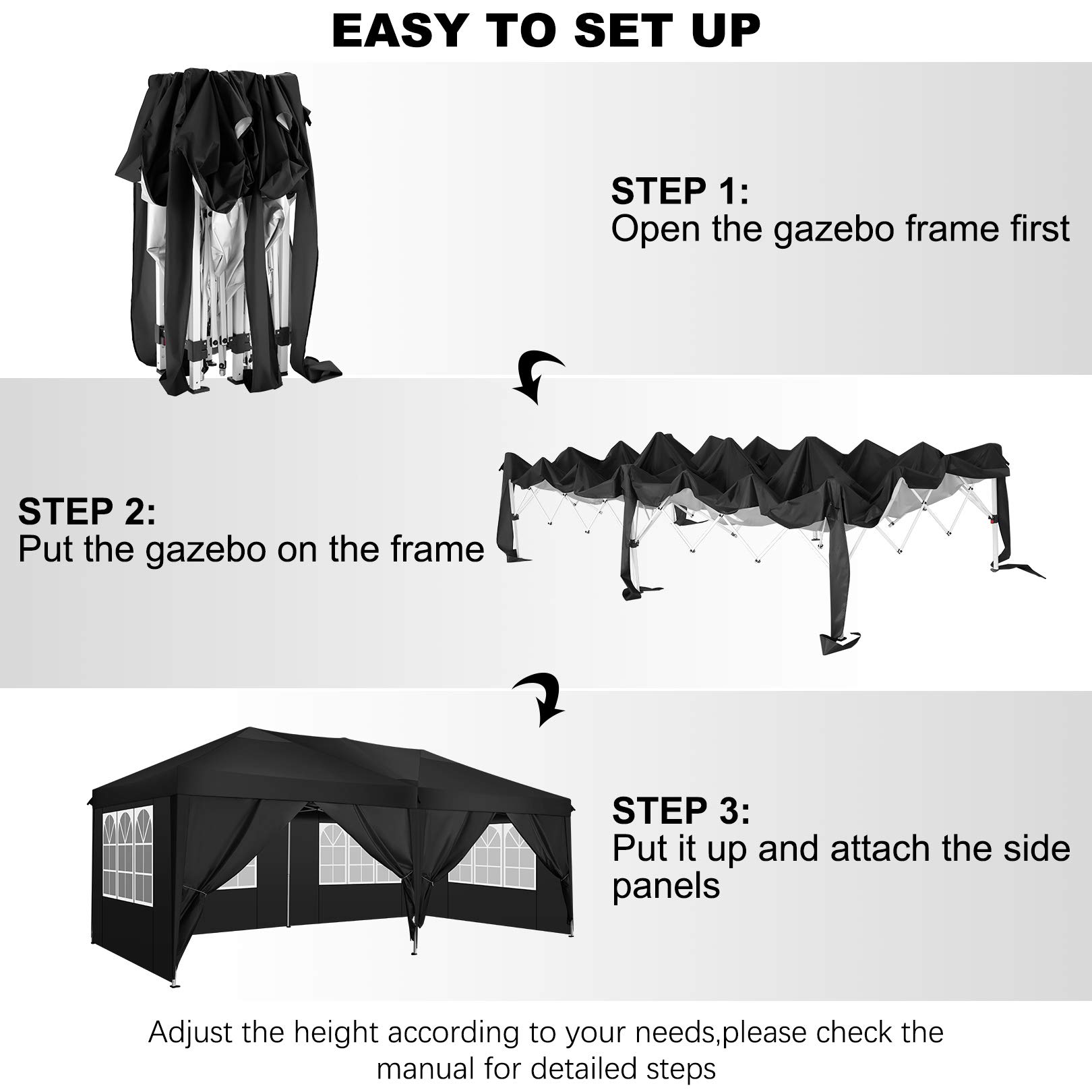 COBIZI 10x20 Pop Up Canopy Tent with 6 Sidewalls - Waterproof Instant Shelter for Outdoor Events, Camping, Parties & Commercial Use - Portable Gazebo for Backyard, Beach, Picnic & Tailgating - Easy Setup Black Event Tent