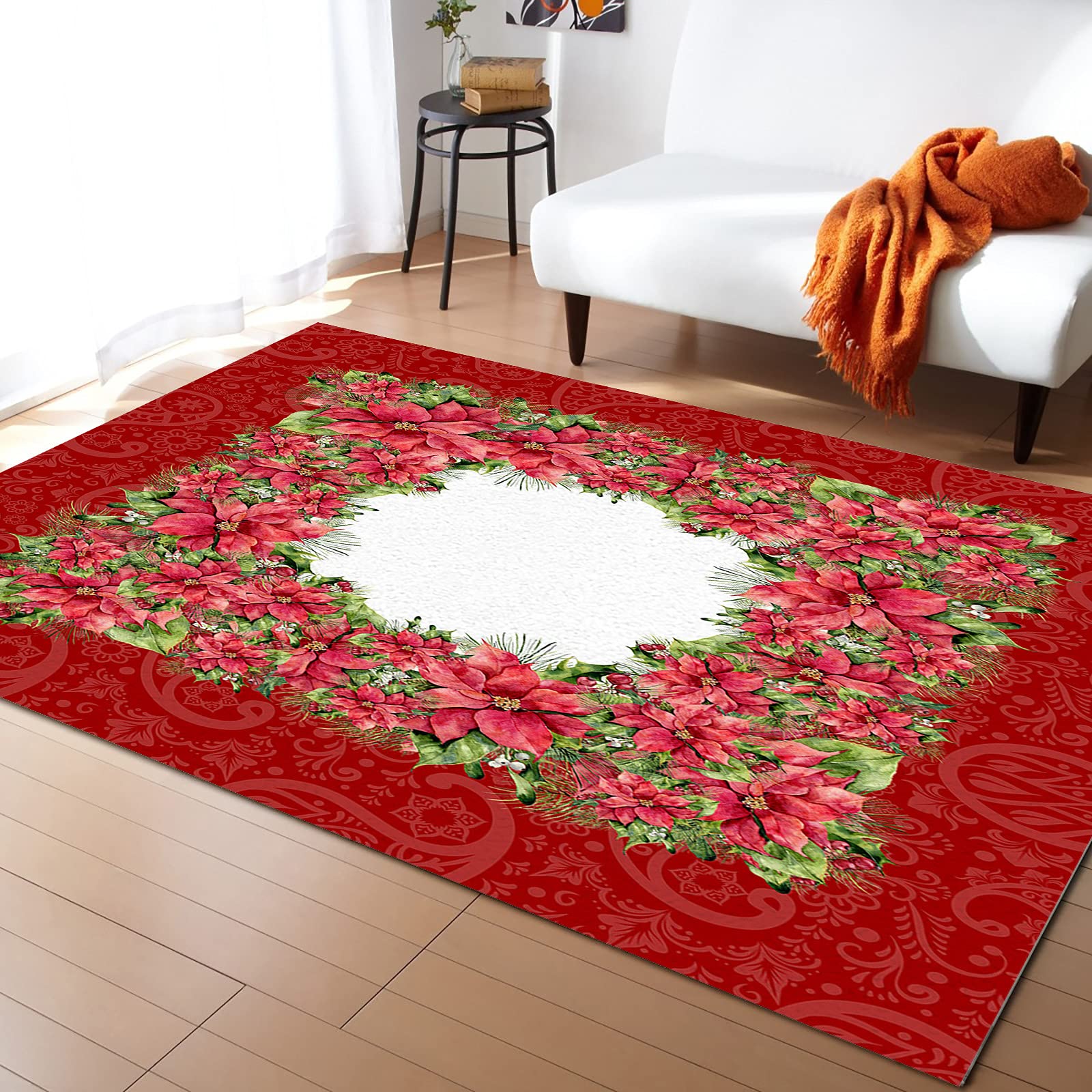 Soft Modern 4' x 6' Area Rug for Bedroom, Kids Room & Living Room - Red Poinsettia Woodland Christmas Design - Cozy Nursery Floor Carpet for Boys & Girls | Perfect for Holiday Decor, Playrooms & Home Interior Styling