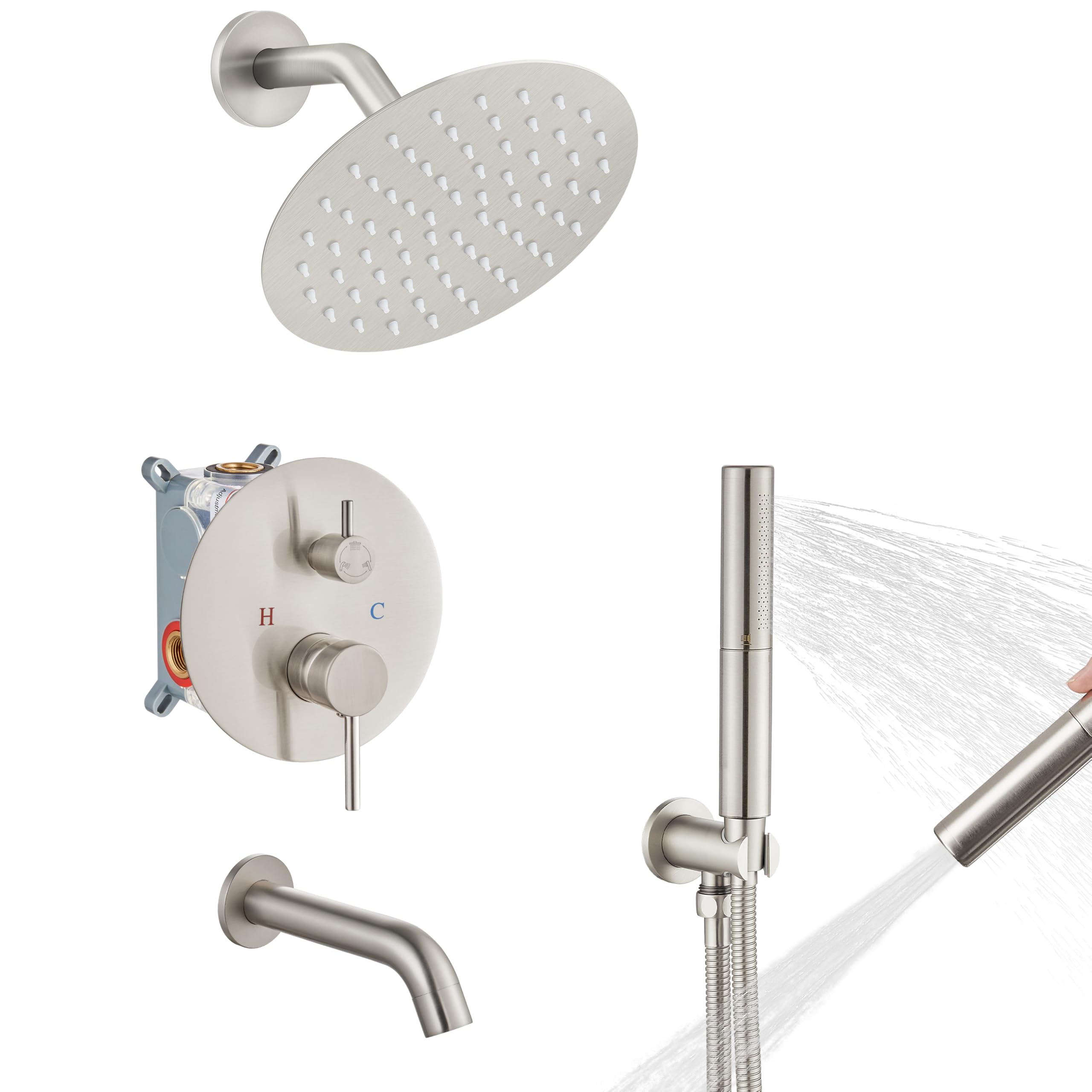 Airuida 8 Inch Round Shower System Set - 3 Function Wall Mount Rain Shower Faucet with 2 Function Handheld Showerhead & Tub Spout - Brushed Nickel Finish - Perfect for Bathroom Renovation & Spa-Like Shower Experience