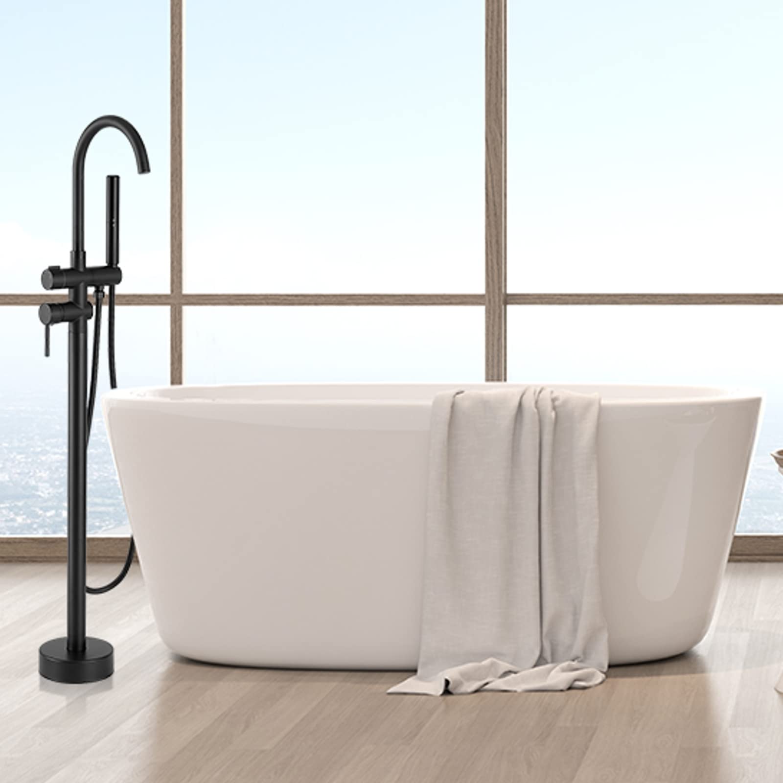 BESy Freestanding Bathtub Faucet - Floor Mount Brass Tub Filler with 2-Function Hand Shower Wand & Swivel Spout, Matte Black Finish - Perfect for Modern Bathroom Renovation and Spa-Like Relaxation