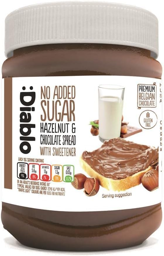 Diablo Hazelnut Chocolate Spread - No Added Sugar, Gluten Free, Healthy Nutella Alternative - Natural Chocolate Hazelnut Butter for Bread, Toast, Pancakes & Desserts - 350g Jar - Perfect for Breakfast, Snacks & Gift Giving
