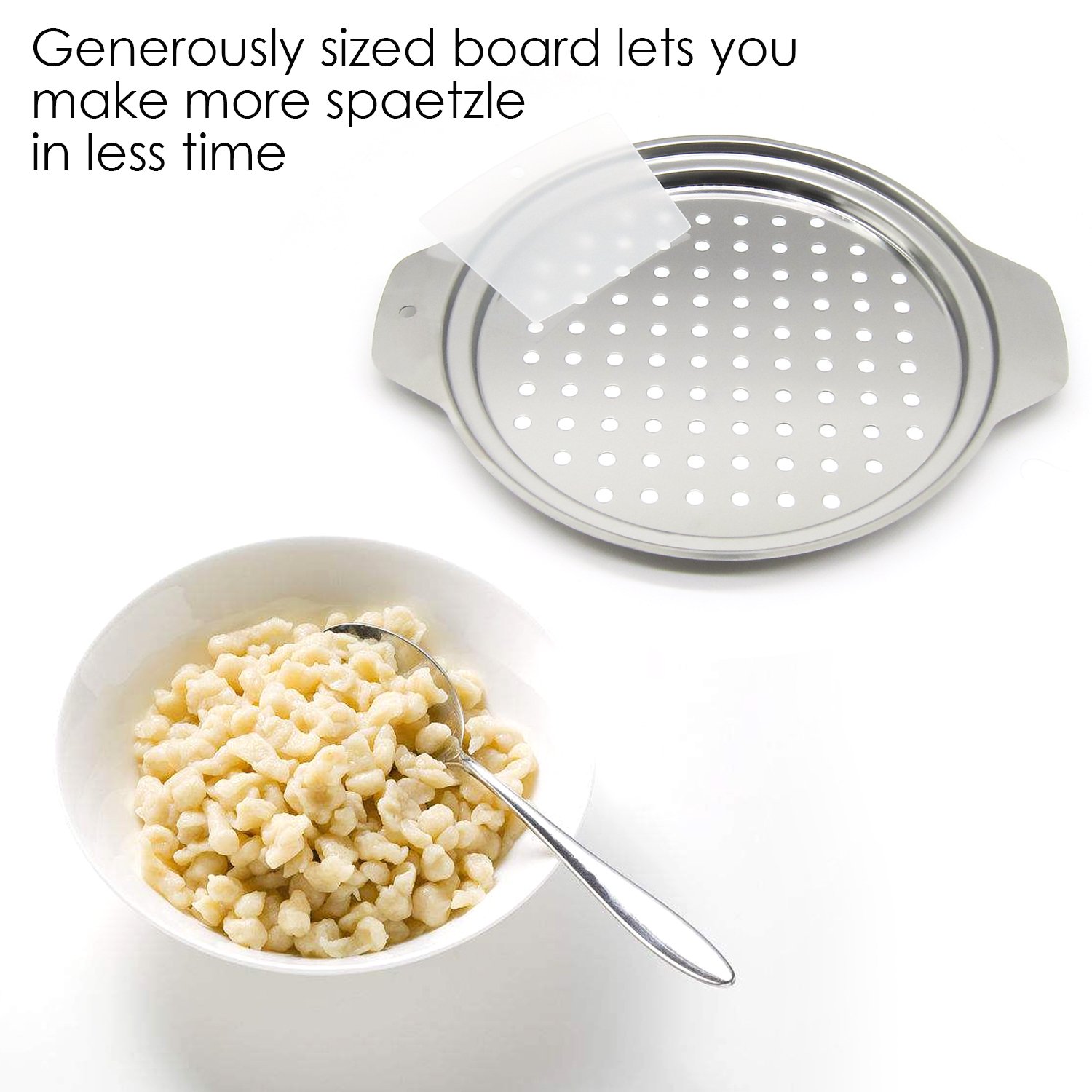 Premium Stainless Steel Spaetzle Maker with Scraper & Strainer Spoon - German Egg Noodle Maker Set for Pasta, Dumplings & Spaetzle - Perfect for Home Cooking, German Cuisine & Pasta Lovers