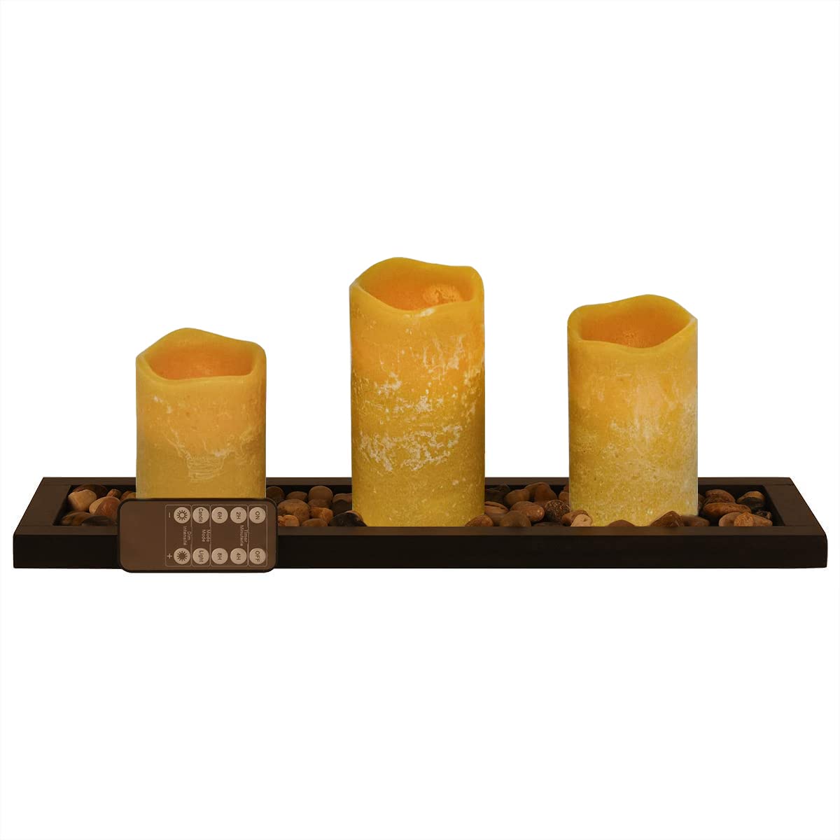 JEPLUSPENNY 3-Pack Light Brown Flameless LED Pillar Candles Set with Remote Timer - Realistic Wax Texture, Includes Decorative Pebbles & Wood Tray - Perfect for Home Decor, Wedding Centerpieces, Romantic Dinners & Spa Relaxation