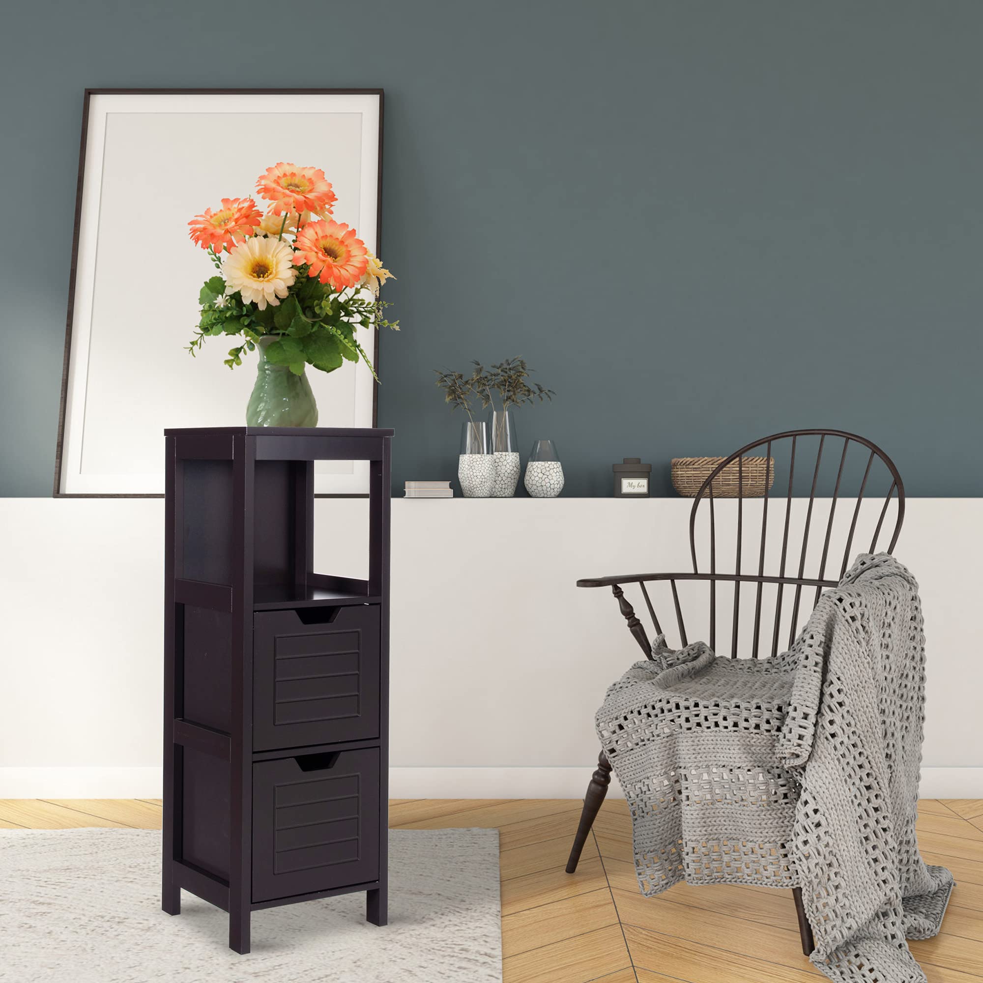 GLACER Wooden Bathroom Floor Storage Cabinet with 2 Removable Drawers - 12x12x35 Inches Espresso Finish - Organize Bathroom, Living Room, Bedroom & Office Essentials - Space-Saving Home Decor Solution