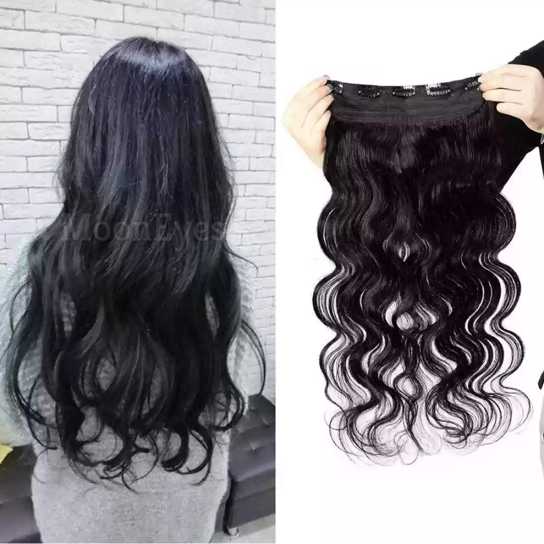MoonEyes 24 Inch Natural Black Curly/Wavy Synthetic Hair Extensions for Women - Heat Resistant Clip-in Hair Piece (5 Clips) for Length & Volume - Perfect for Daily Wear, Parties & Special Occasions