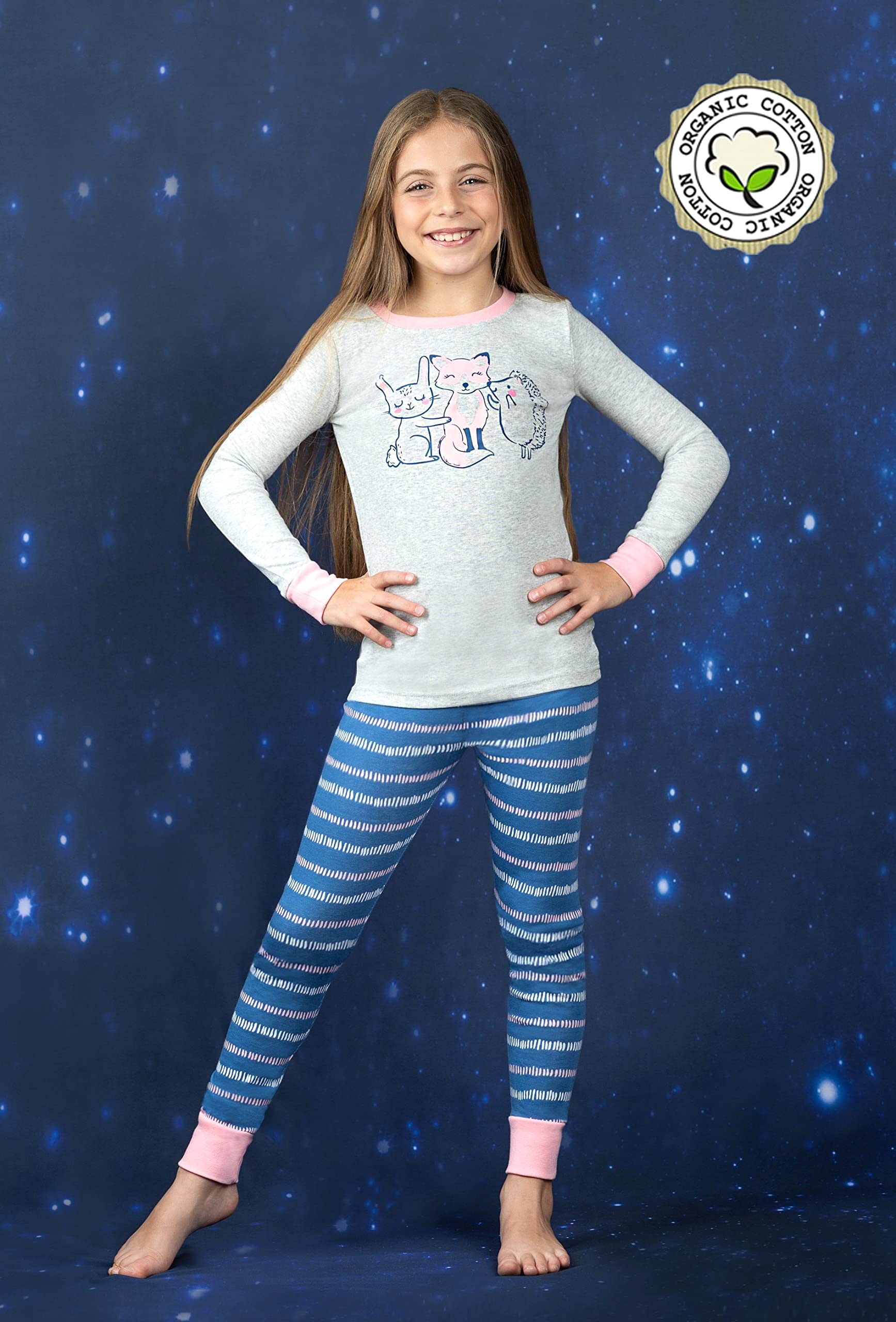 Prestigez Girls' Organic Cotton Snug-Fit 4-Piece Pajama Set - Soft & Comfortable Sleepwear for Kids, Perfect for Bedtime, Sleepovers & Cozy Nights