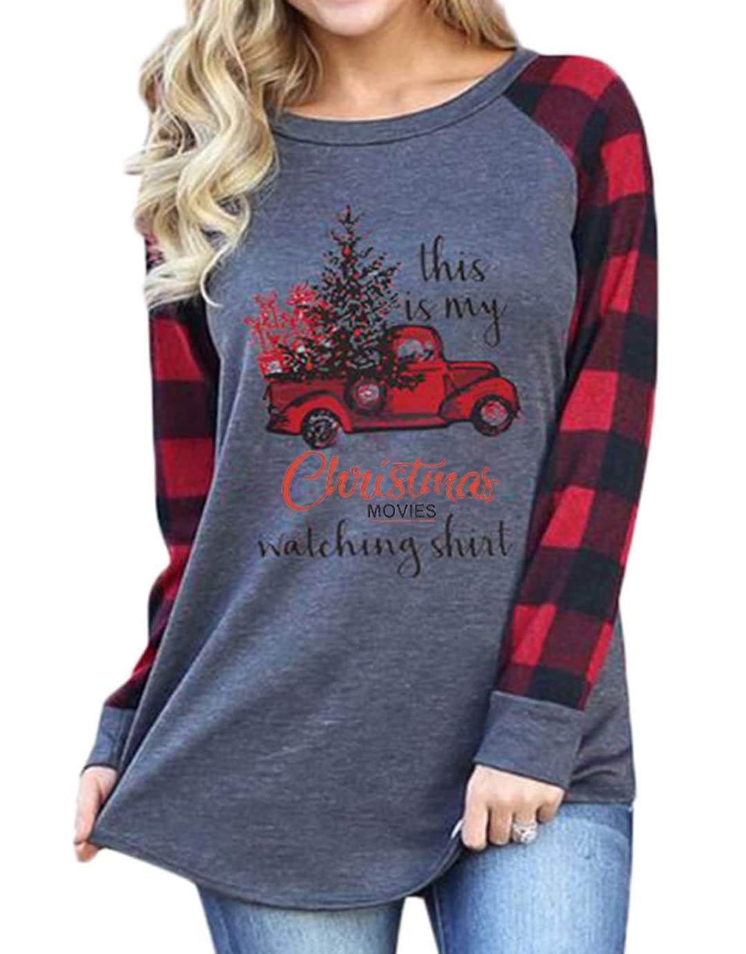 Women's Merry Christmas Shirts - Long Sleeve Plaid Raglan Graphic Tee for Holiday Movie Nights & Cozy Winter Outfits
