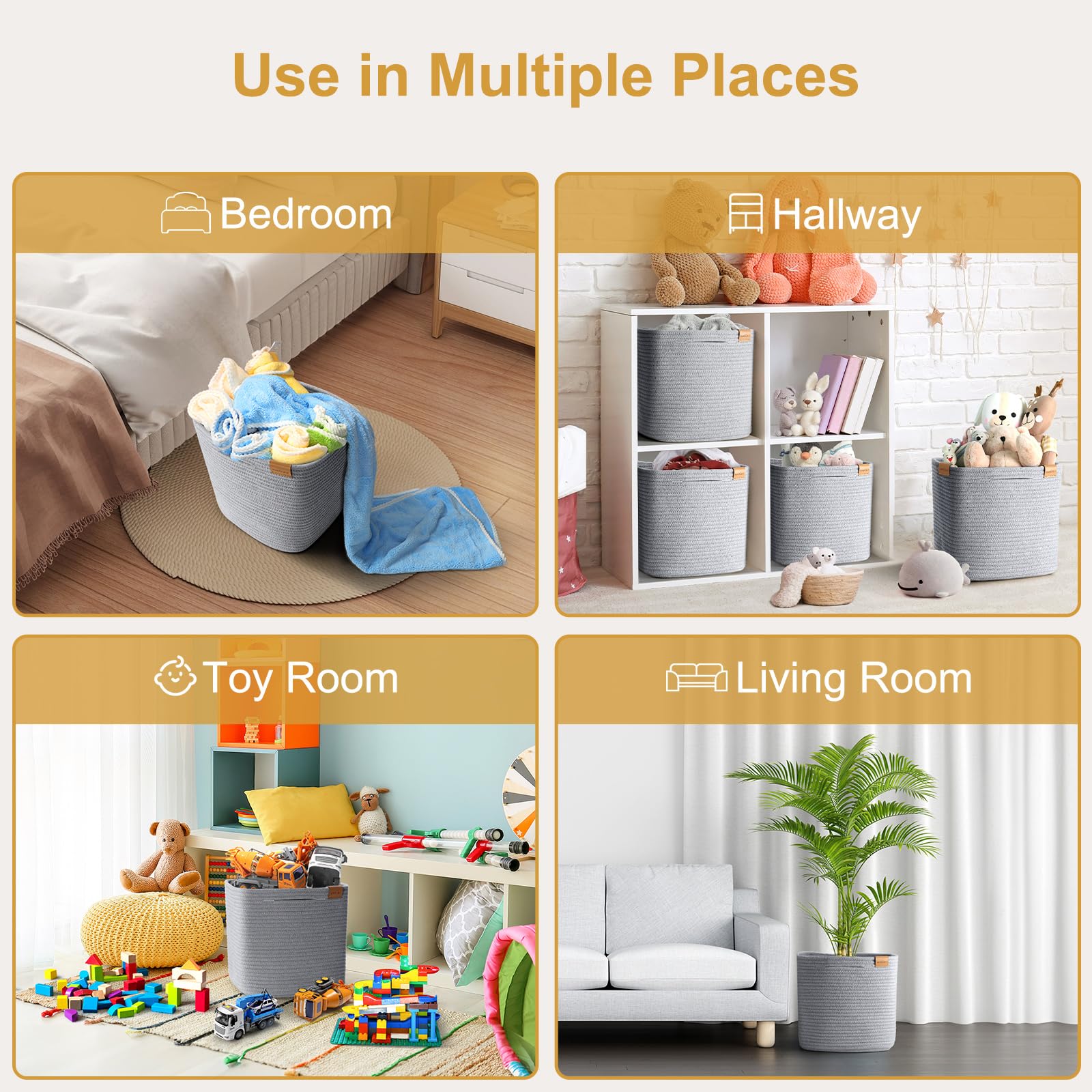 11 Inch Woven Storage Cubes - 3 Pack Cotton Rope Baskets for Shelves, Closet & Toy Organization | Kids Room, Nursery & Classroom Storage Solutions | Light Grey Home Decor Bins