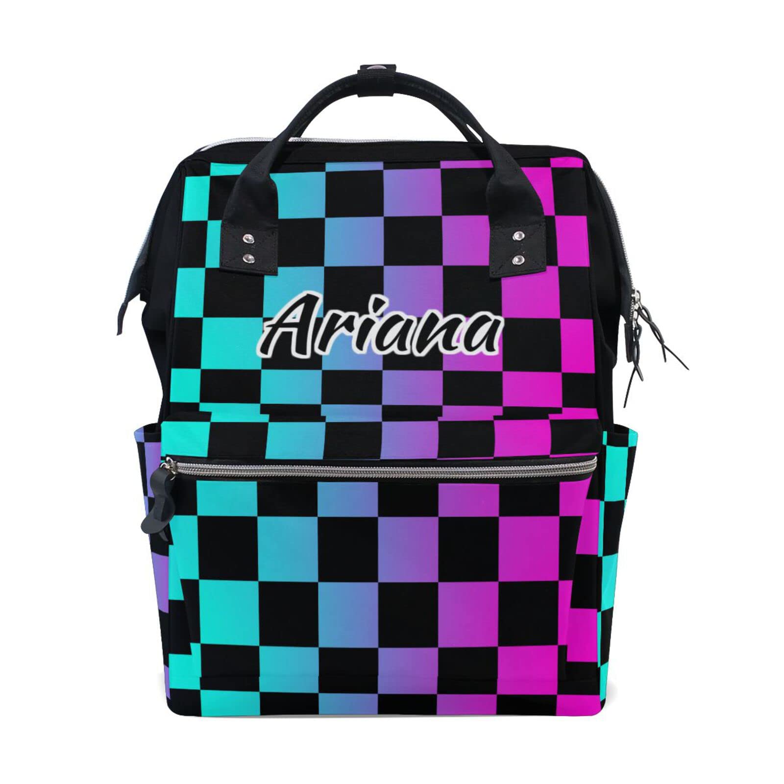 Custom Black & Colorful Plaid Diaper Backpack - Large Capacity Nursing Bag for Moms & Dads - Personalized Baby Bag with Checkerboard Design - Perfect for Travel, Daycare & Work Commute