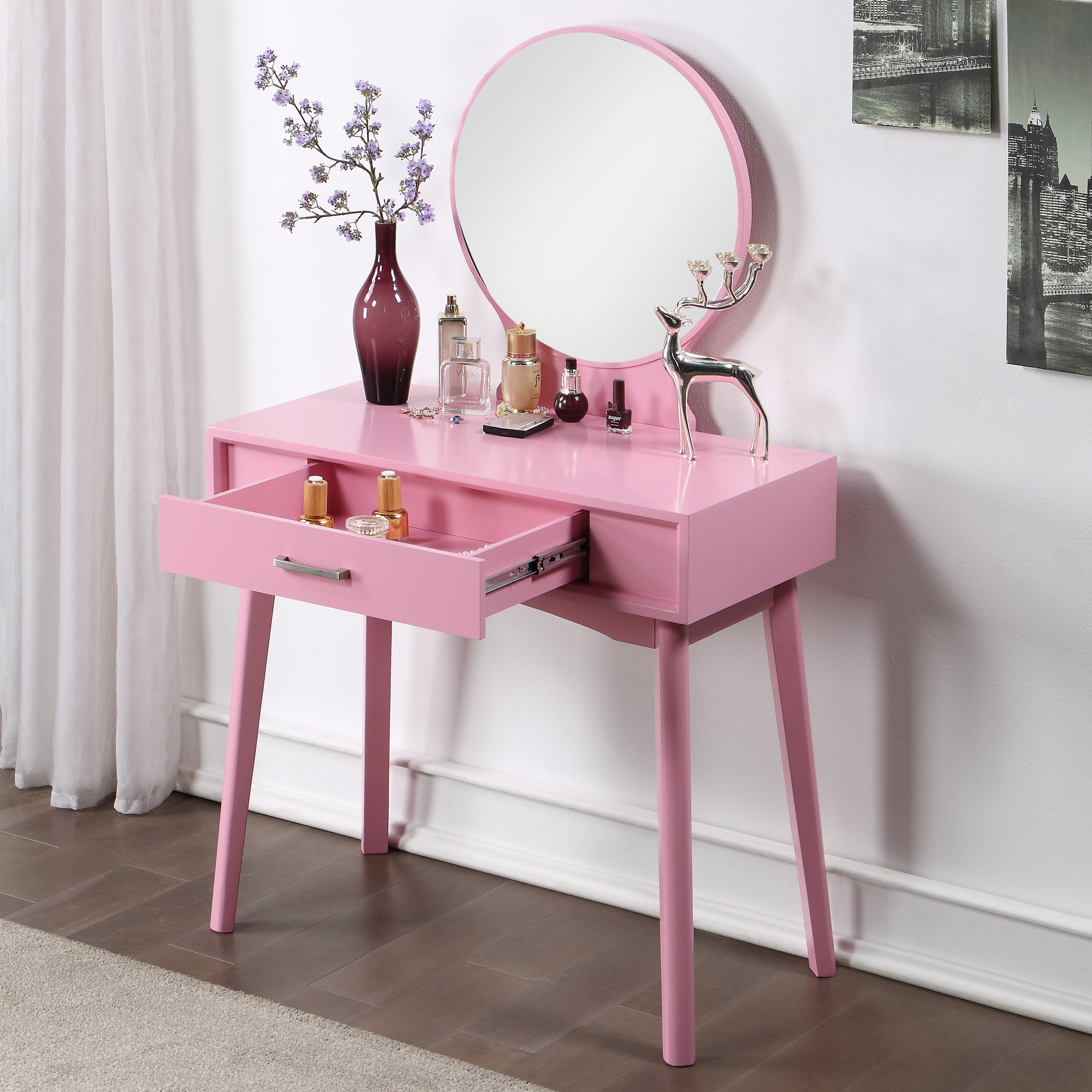 Roundhill Furniture Maly Contemporary Wood Vanity and Stool Set in Pink - Modern Dressing Table with Stool for Bedroom, Makeup Vanity Set for Women & Girls