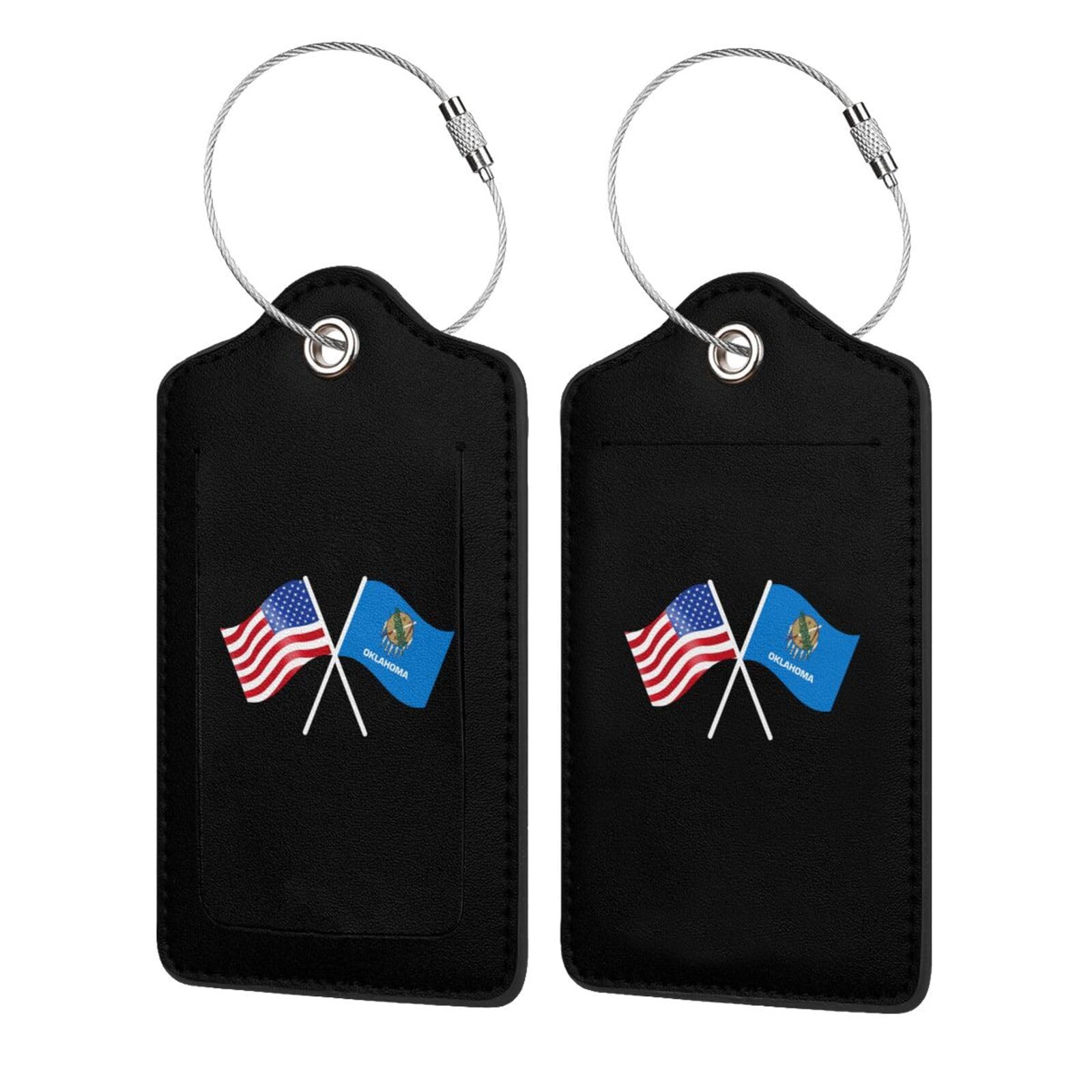 American & Oklahoma Flag Stainless Steel Ring Leather Luggage Tags - 4 Pack for Travel, Suitcases & Backpacks | Patriotic Gift Idea