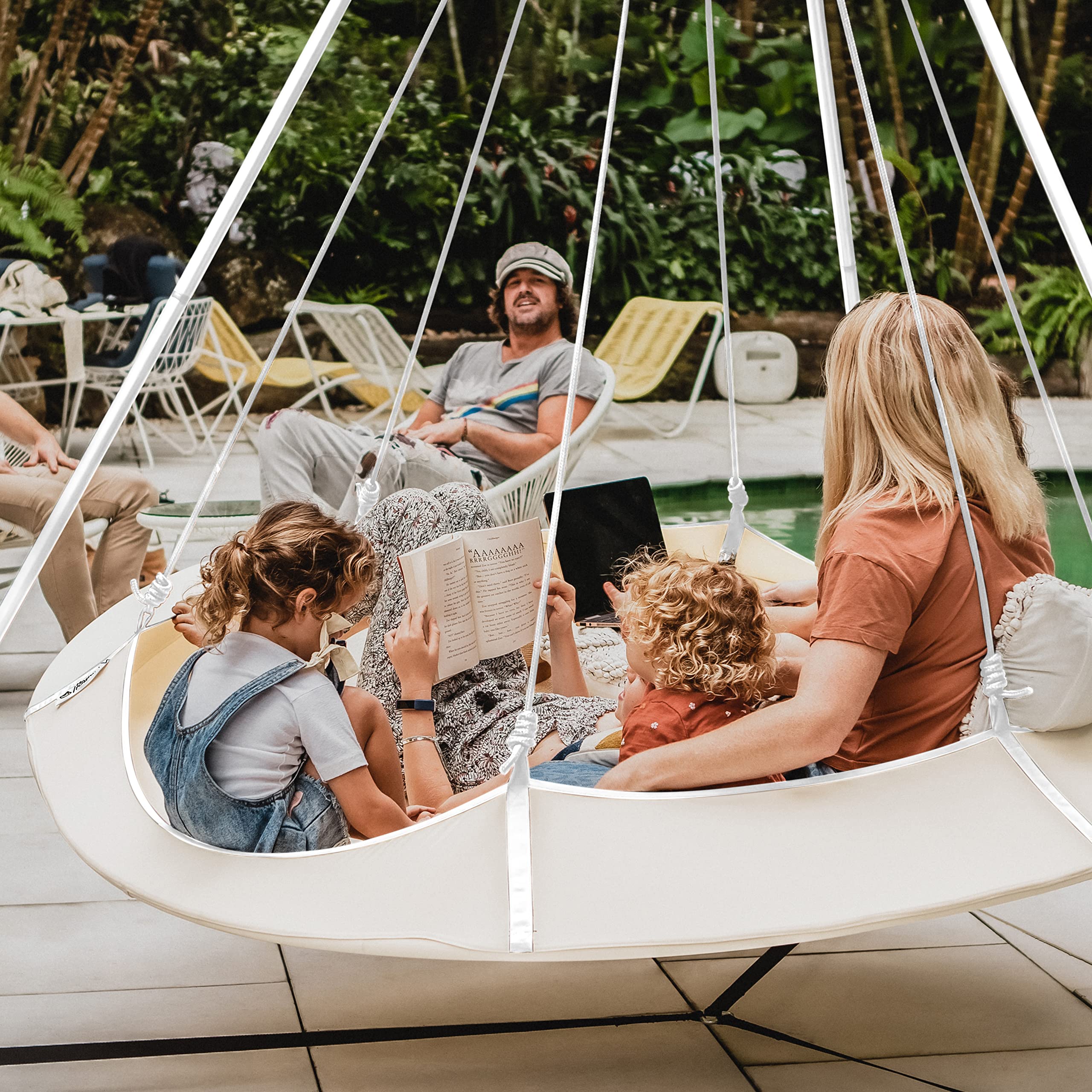 Portable Circular Family Hammock with Stand - Outdoor Hanging Chair & Porch Swing for Garden, Deck, Lawn, Patio, Camping - Cream & White - Perfect for Relaxation, Backyard Lounging and Outdoor Adventures
