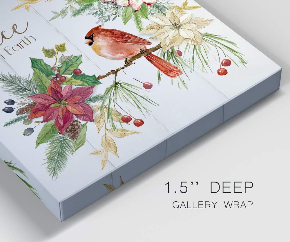 Premium Gallery Wrapped Canvas Wall Art - Peace on Earth Christmas Winter Decor with Poinsettia, Red Cardinal & Pine Cones | Ready to Hang 40x40 Inches | Made in USA | Perfect for Holiday Home Decor, Living Room, Office & Gift Giving