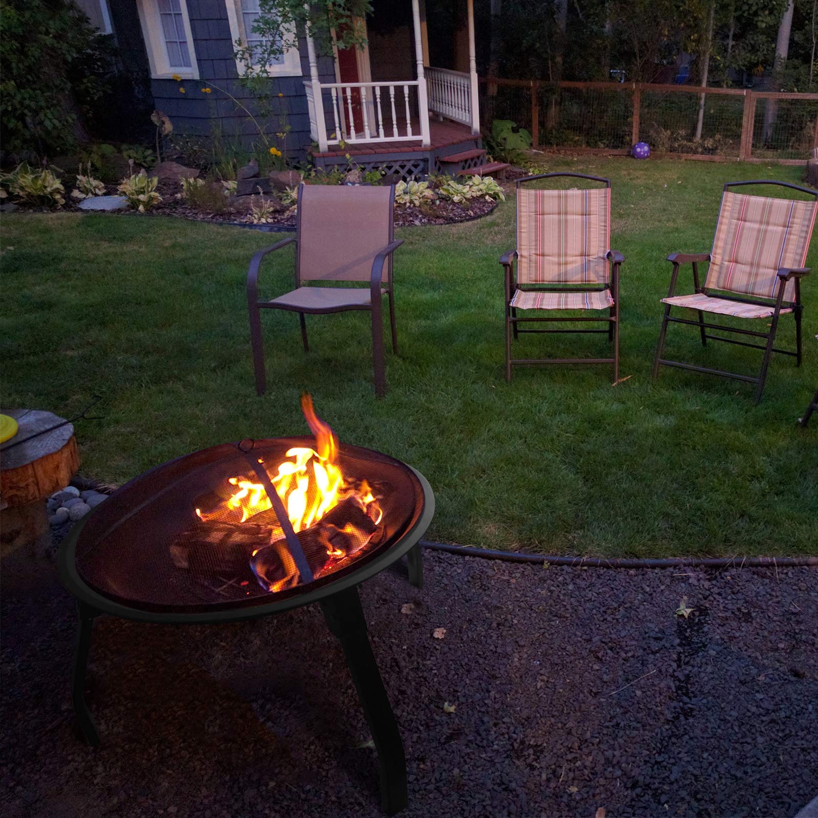 22 Inch Portable Folding Fire Pit - Outdoor Wood Burning Steel BBQ Grill with Mesh Spark Screen & Poker - Perfect for Camping, Backyard, Beach & Patio Gatherings