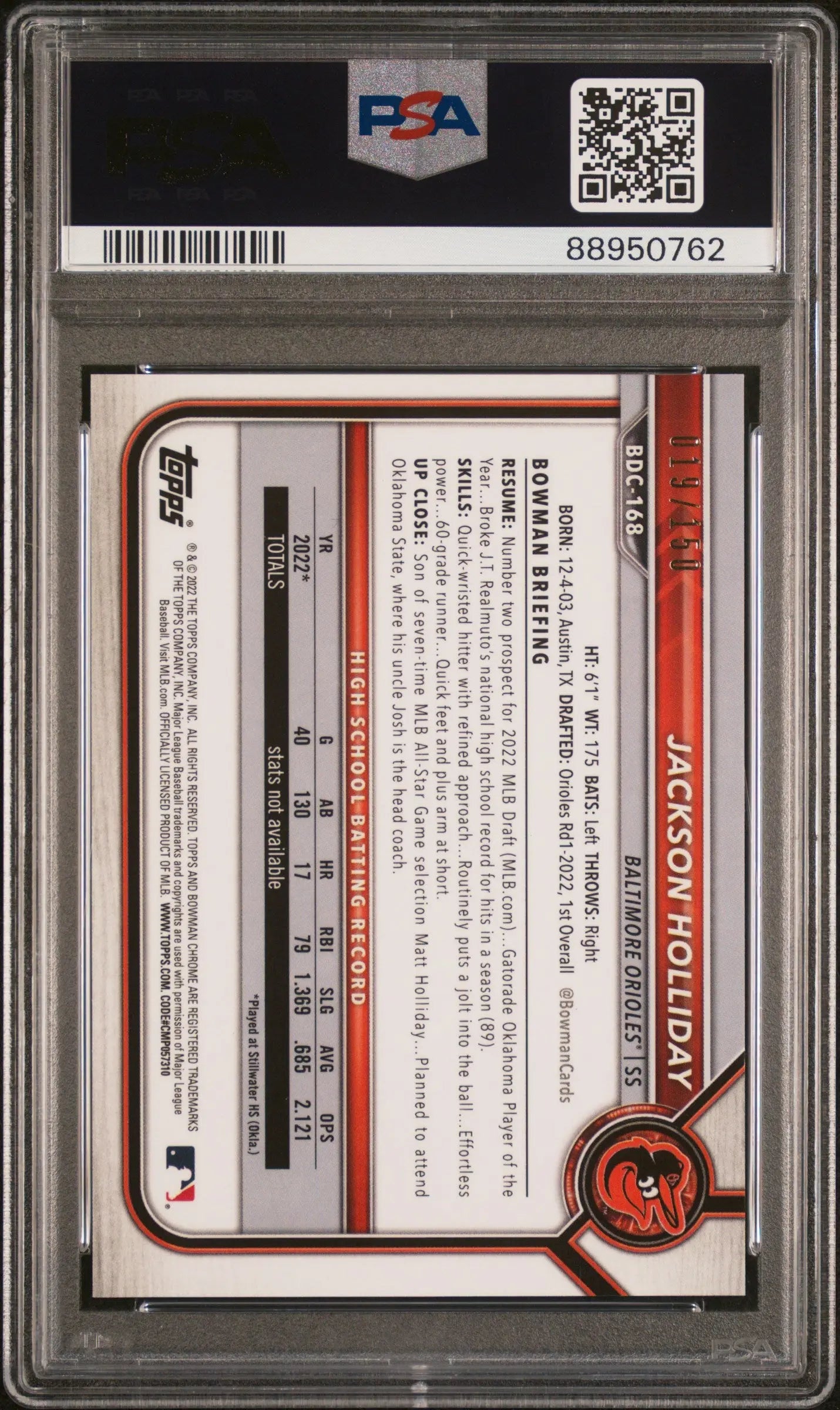 2022 Bowman Draft Chrome Jackson Holliday Blue Refractor PSA 9 /150 Baseball Card - Rare Collectible for Sports Memorabilia & Trading Card Enthusiasts