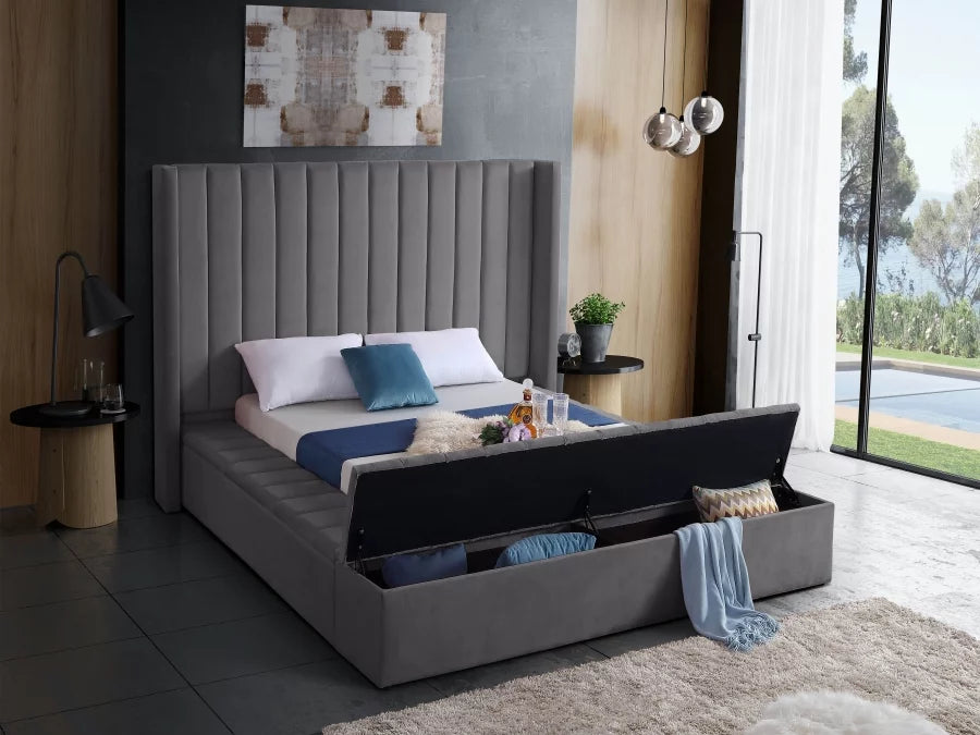 Luxury Grey Velvet Upholstered Bed Frame with Channel Tufted Headboard & 3 Storage Benches - Model #5720 | Queen Size Bed with Underbed Storage | Perfect for Modern Bedroom, Guest Room & Small Space Living