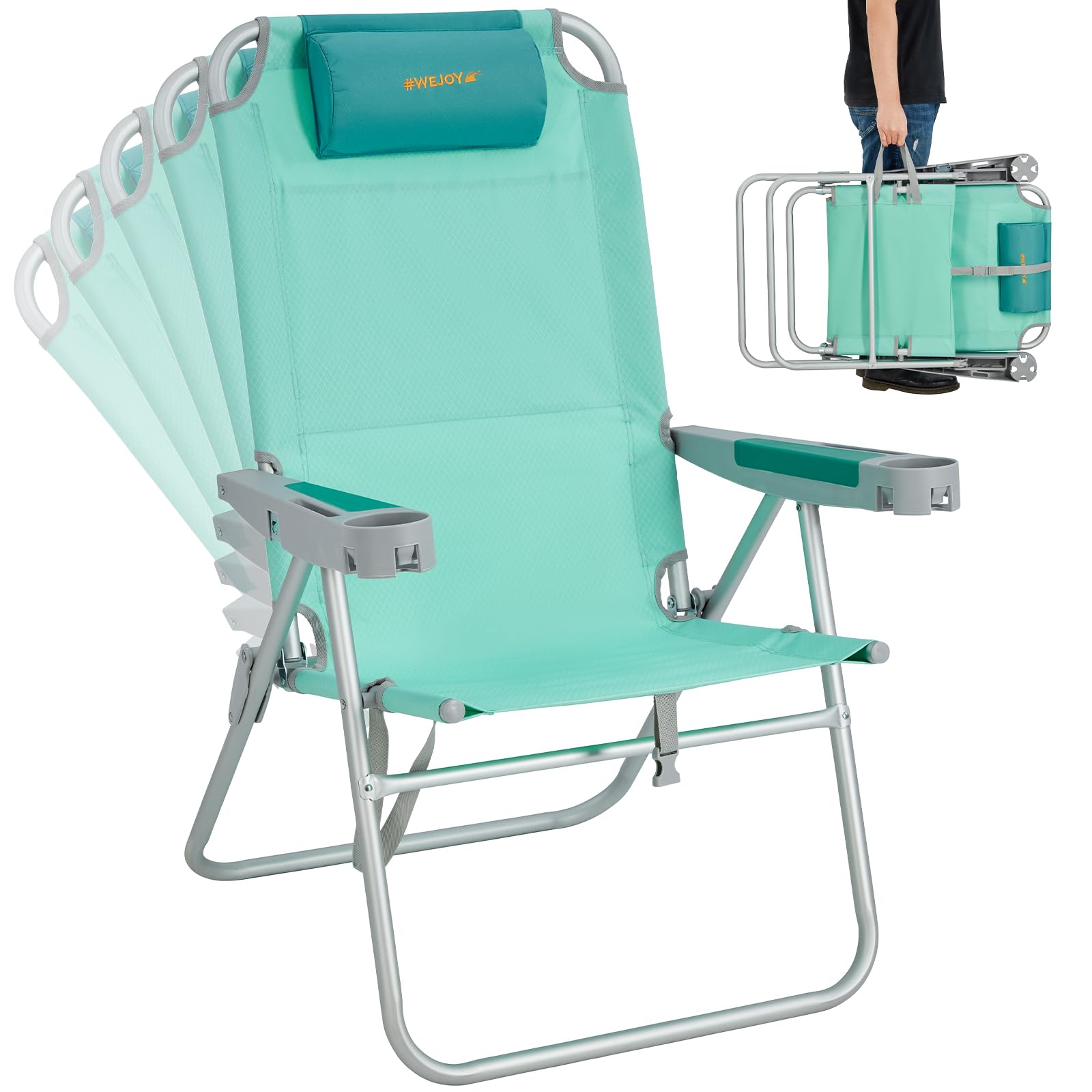 WEJOY 17 Inch Oversized Beach Chair - 5 Position Adjustable Reclining Folding Backpack Chair for Adults - Heavy Duty 300 lbs Capacity with High Back Support, Bottle Opener, Handle Strap & Phone/Cup Holder - Perfect for Beach, Camping, Backyard, Poolside & Outdoor Relaxation