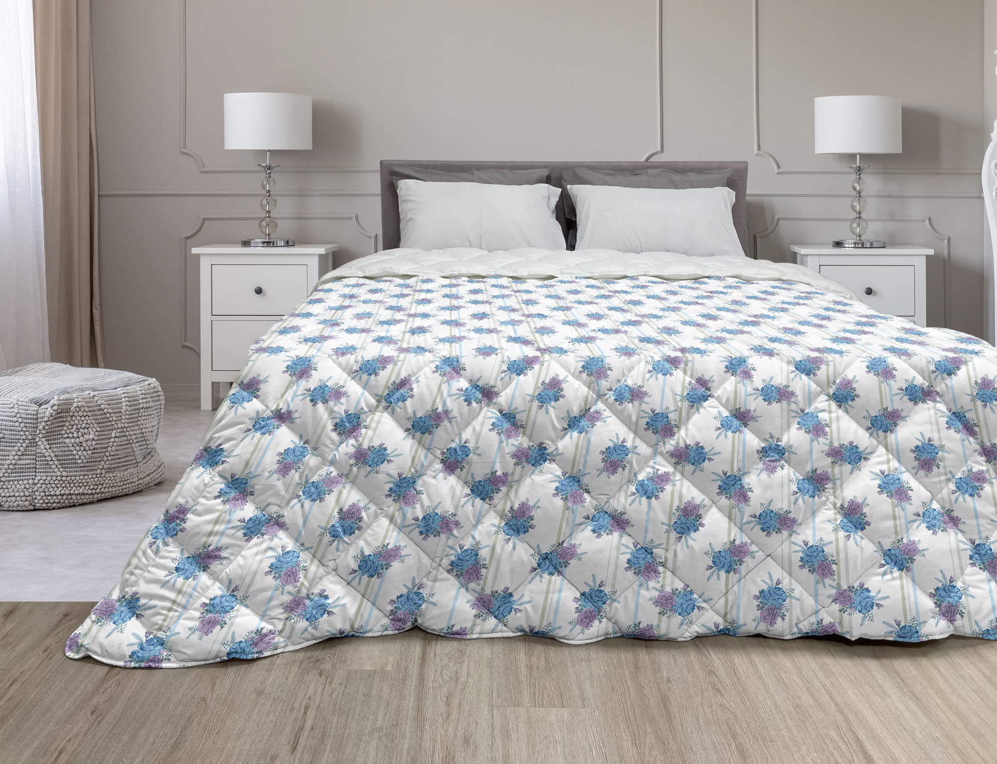 Ambesonne English Garden Down Alternative Comforter - Pastel Wild Roses on Vertical Stripes, All Season Microfiber Quilt, Twin XL Size, Sky Blue & Pale Lavender - Perfect for Bedroom Decor, Guest Room & Cozy Home Styling