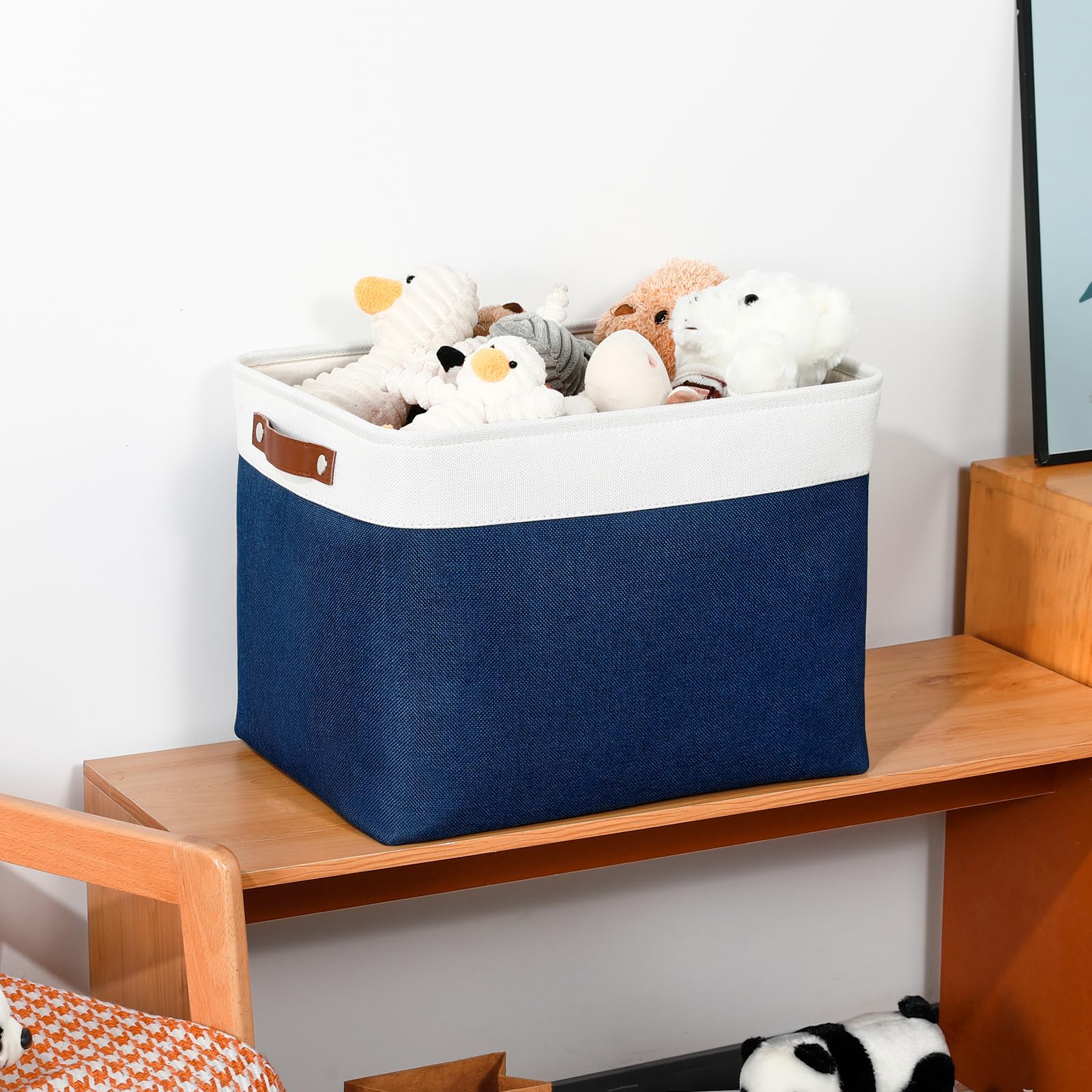 DULLEMELO Storage Baskets with Leather Handles - Home & Office Organizer for Shelves, Toys & Clothes (White & Blue)