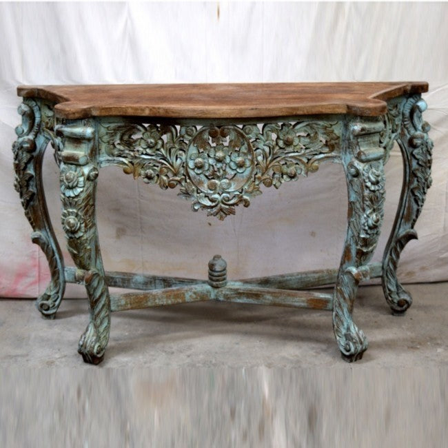 Hand Carved Wooden Console Table with Blue Natural Wood Top - Entryway, Living Room & Hallway Decor Furniture