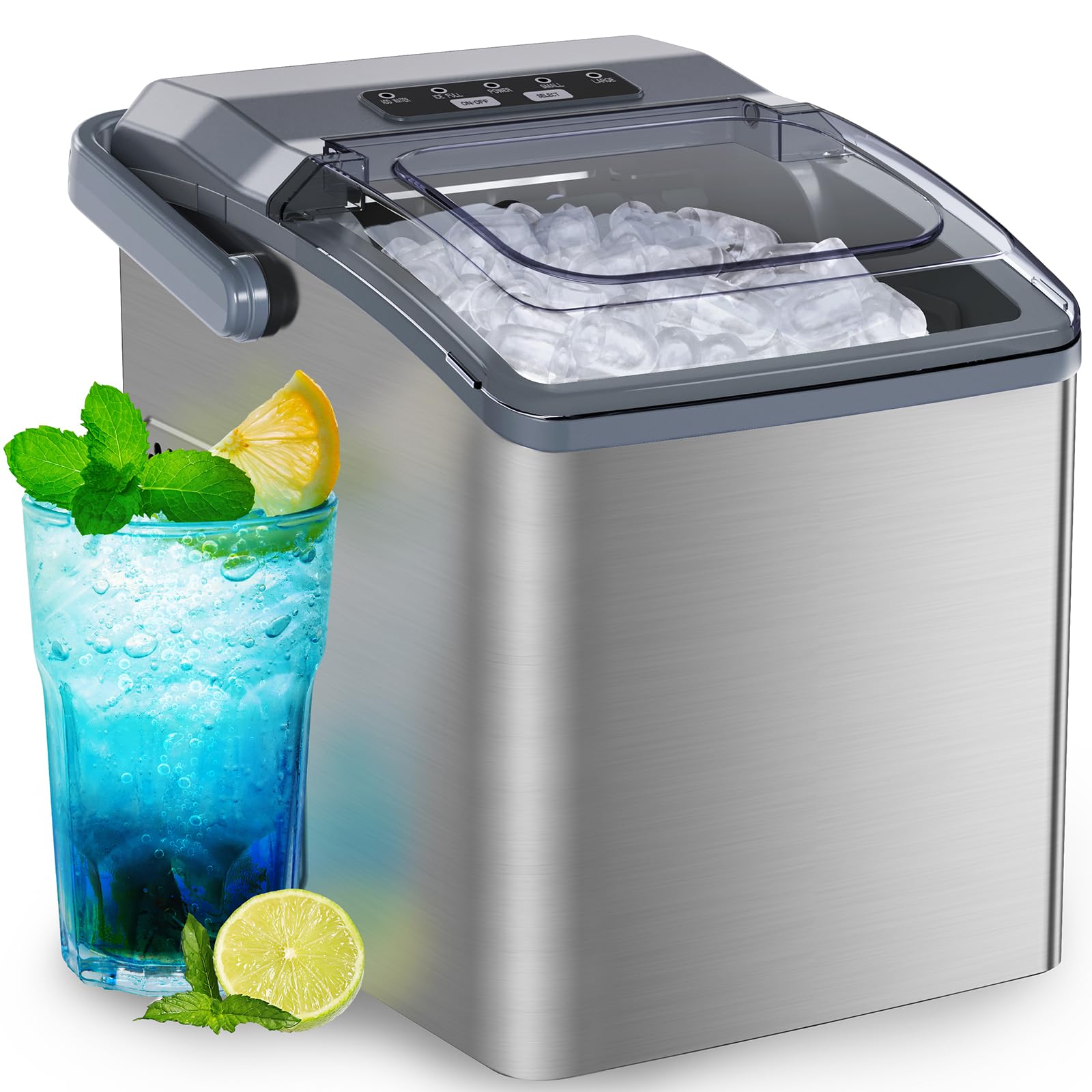 Fast 6-Minute Ice Maker Machine - 26 Lbs/24Hrs Countertop Ice Maker with 9 Bullet Ice & Self-Cleaning Function, Stainless Steel Portable Ice Maker for Home, Kitchen, Office, Party & Outdoor Use
