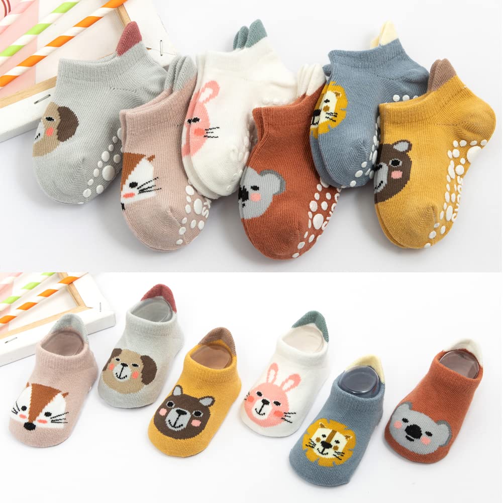 Exemaba Baby Non-Slip Grips Ankle Socks - 5 Pairs Toddler Cartoon Anti-Skid Socks for Boys & Girls - Soft Cotton Socks for Crawling, Walking & Playtime