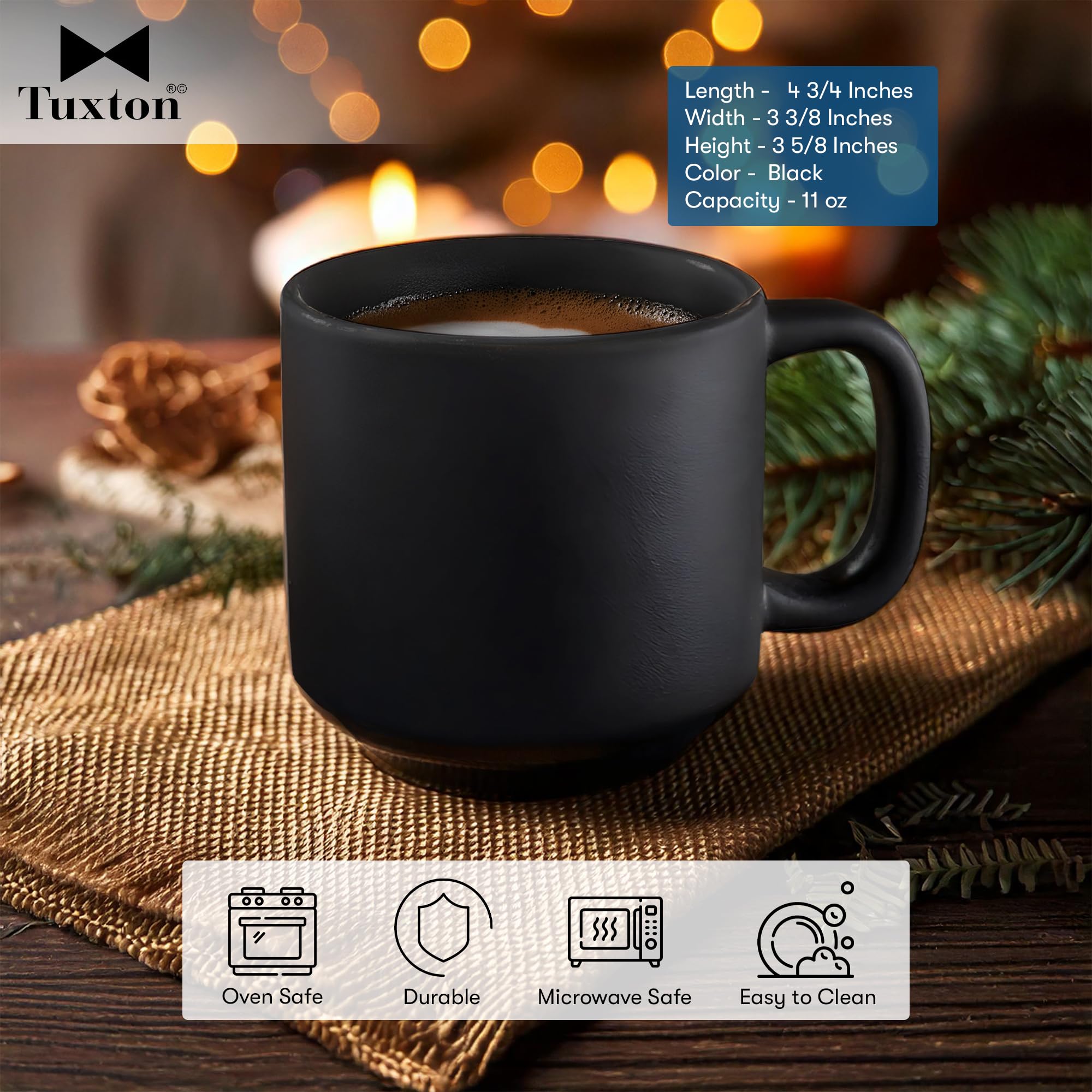 Tuxton Zion Matte Black 11-Oz Stackable Yukon Mug - Set of 24, Scratch & Chip Resistant, Lead-Free, Dishwasher & Microwave Safe - Perfect for Coffee, Tea, Hot Cocoa at Home, Office or Camping
