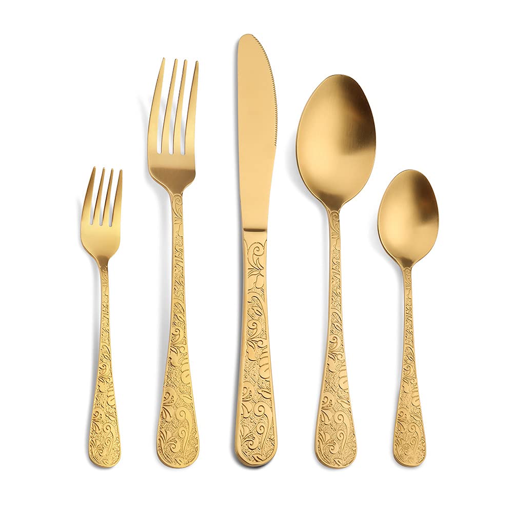 20-Piece Stainless Steel Flatware Set for 4 - Gold/Silver Silverware with Spoons, Forks, Knives, Salad Forks, Teaspoons - Elegant Patterned Handle Dinnerware for Home, Restaurant & Wedding Dining Essentials