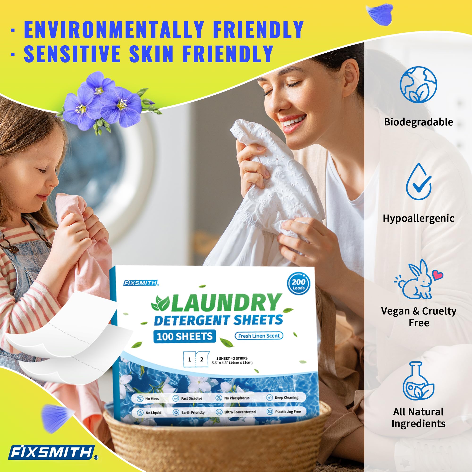 FIXSMITH Eco-Friendly Laundry Detergent Sheets - 200 Loads (100 Sheets) | Hypoallergenic, Plastic-Free & Ultra-Concentrated | Fresh Linen Scent | Perfect for Travel, Apartments & Sensitive Skin | Liquidless Laundry Detergent Strips for Sustainable Cleaning