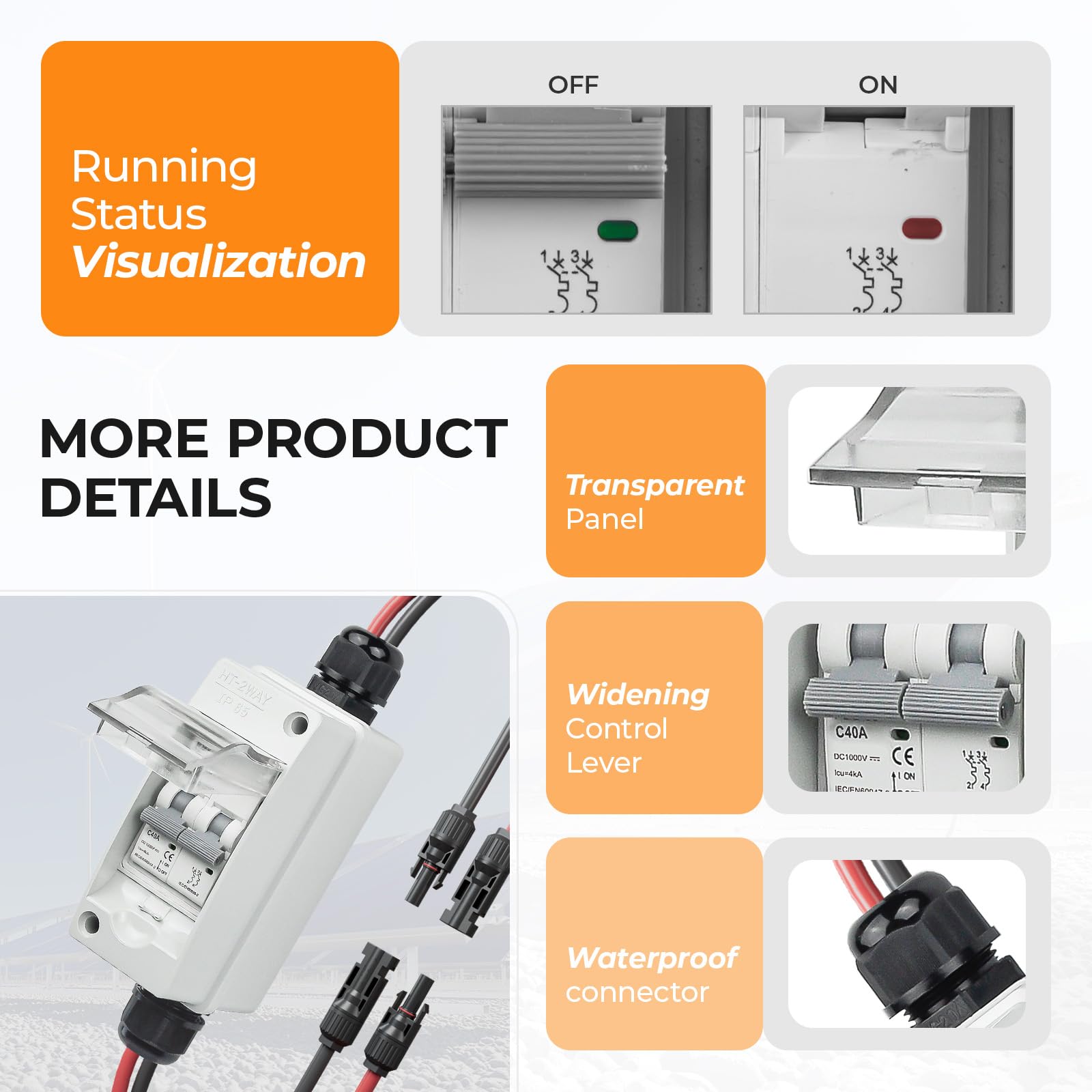 1000V 40A Solar Panel Disconnect Switch - IP65 Waterproof PV Circuit Breaker for Solar Power Systems, Home Battery & Off-Grid Applications - Outdoor Use for Solar Panels, RV, Marine & Renewable Energy Projects