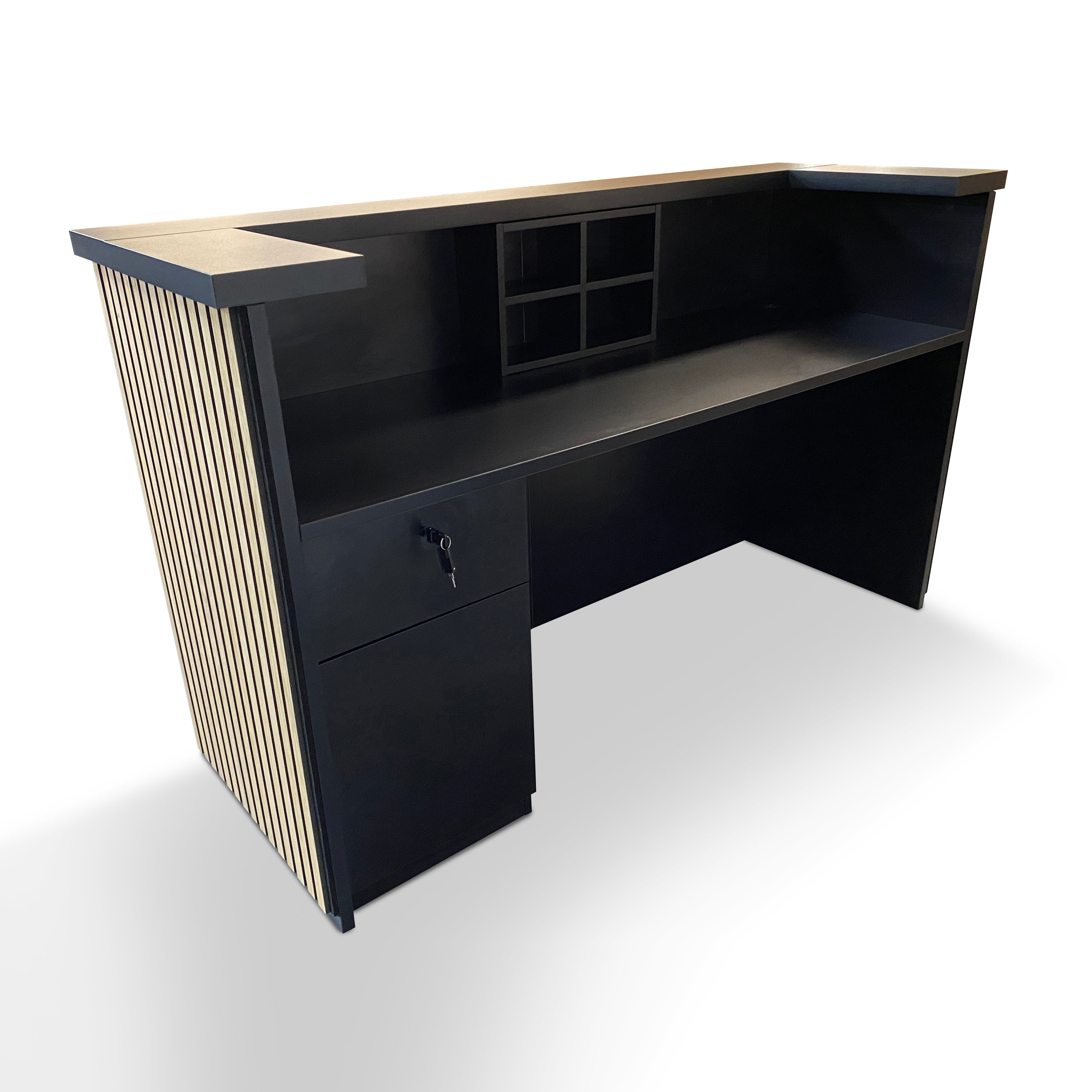 KENTO 180cm Modern Reception Desk with Timber Slat Acoustic Panel in Black & Oak - Perfect for Office Lobby, Hotel Front Desk, and Corporate Waiting Areas
