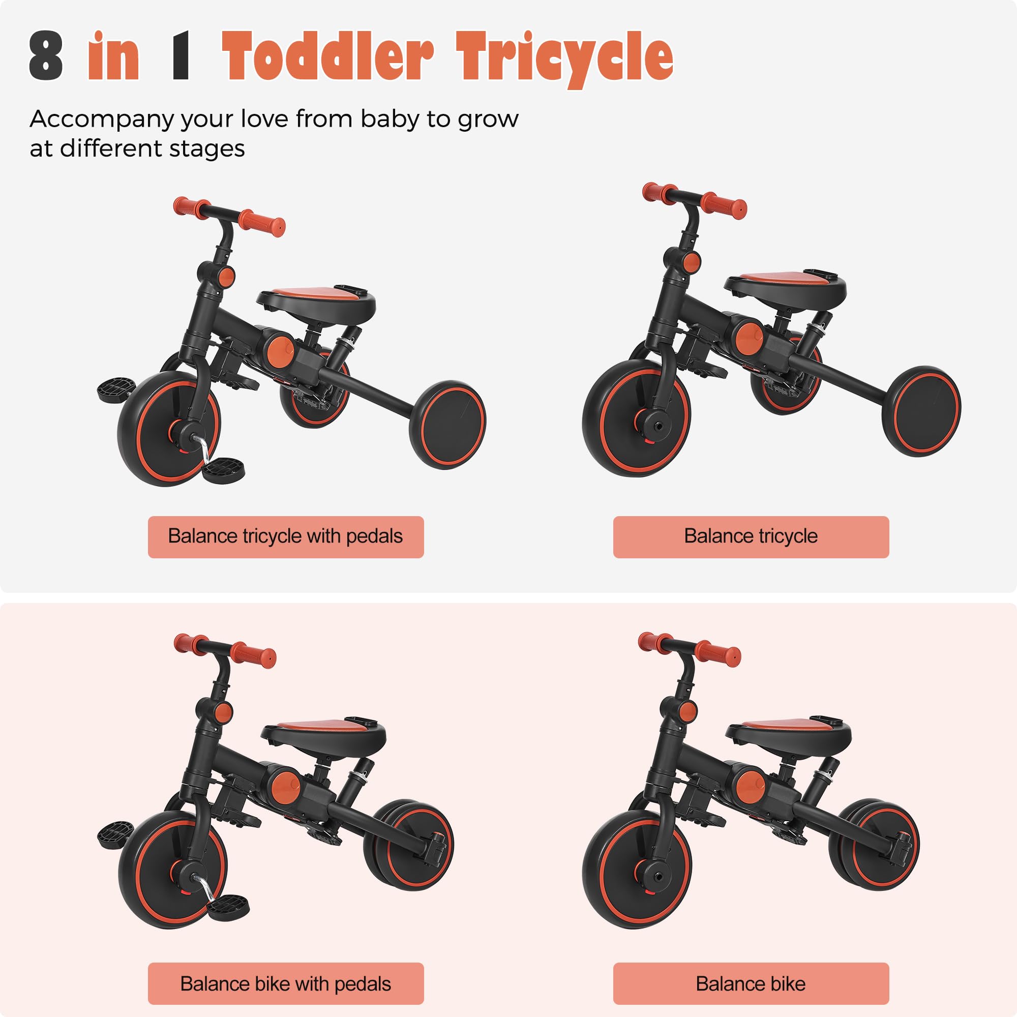 8-in-1 Toddler Push Tricycle with Parent Handle - Adjustable Balance Bike for 1-4 Year Old Boys & Girls - Perfect First Bike for Learning & Outdoor Play - Ideal Birthday Gift for Toddlers
