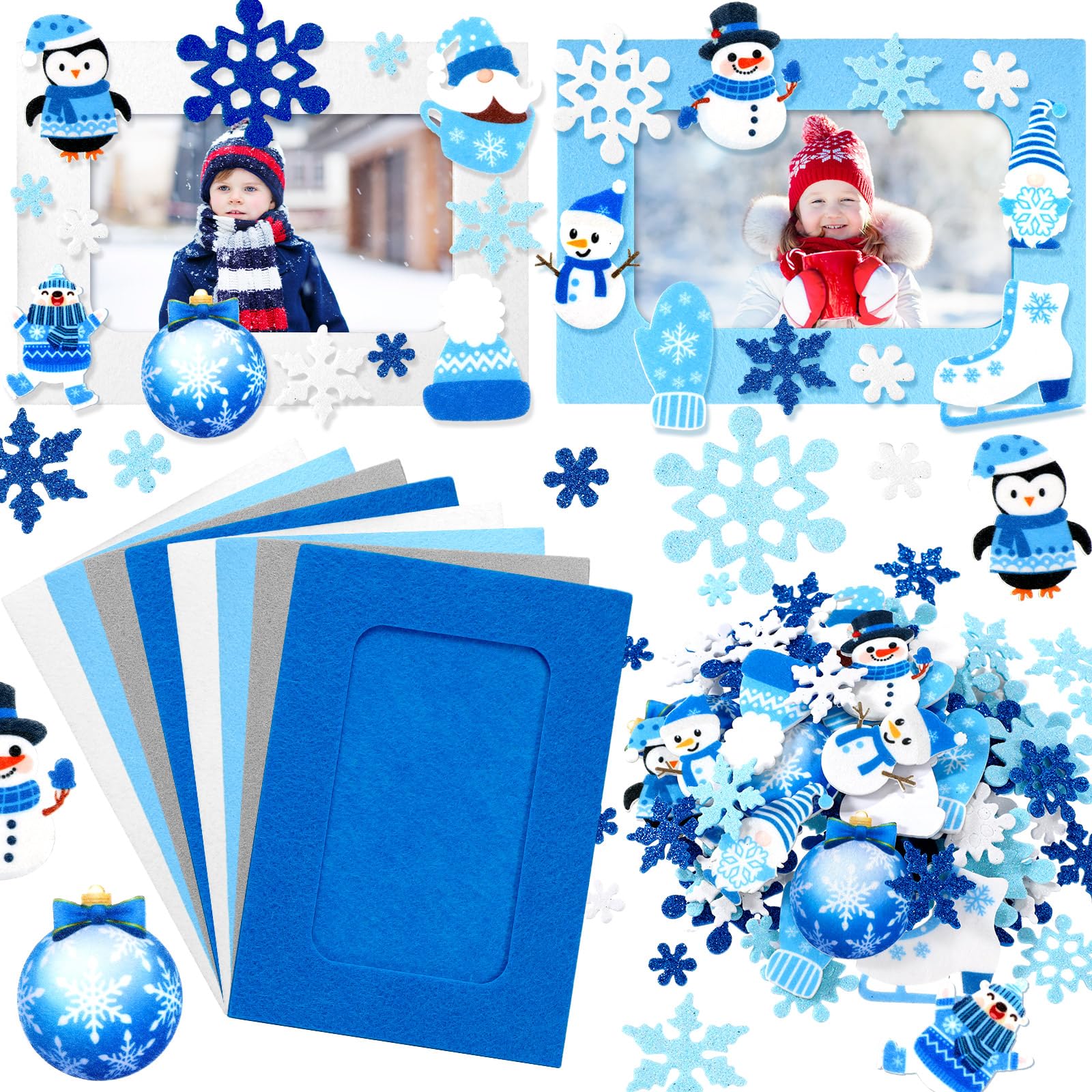 Ferraycle 232-Piece Winter DIY Picture Frames Craft Kit - 32 Snowflake Photo Frames with 200 Christmas Stickers for Holiday Decorations, Classroom Activities & Home Crafts (Classic Colors, Cute Style) - Perfect for Christmas Party Favors, Winter Classroom Projects & Family Craft Time