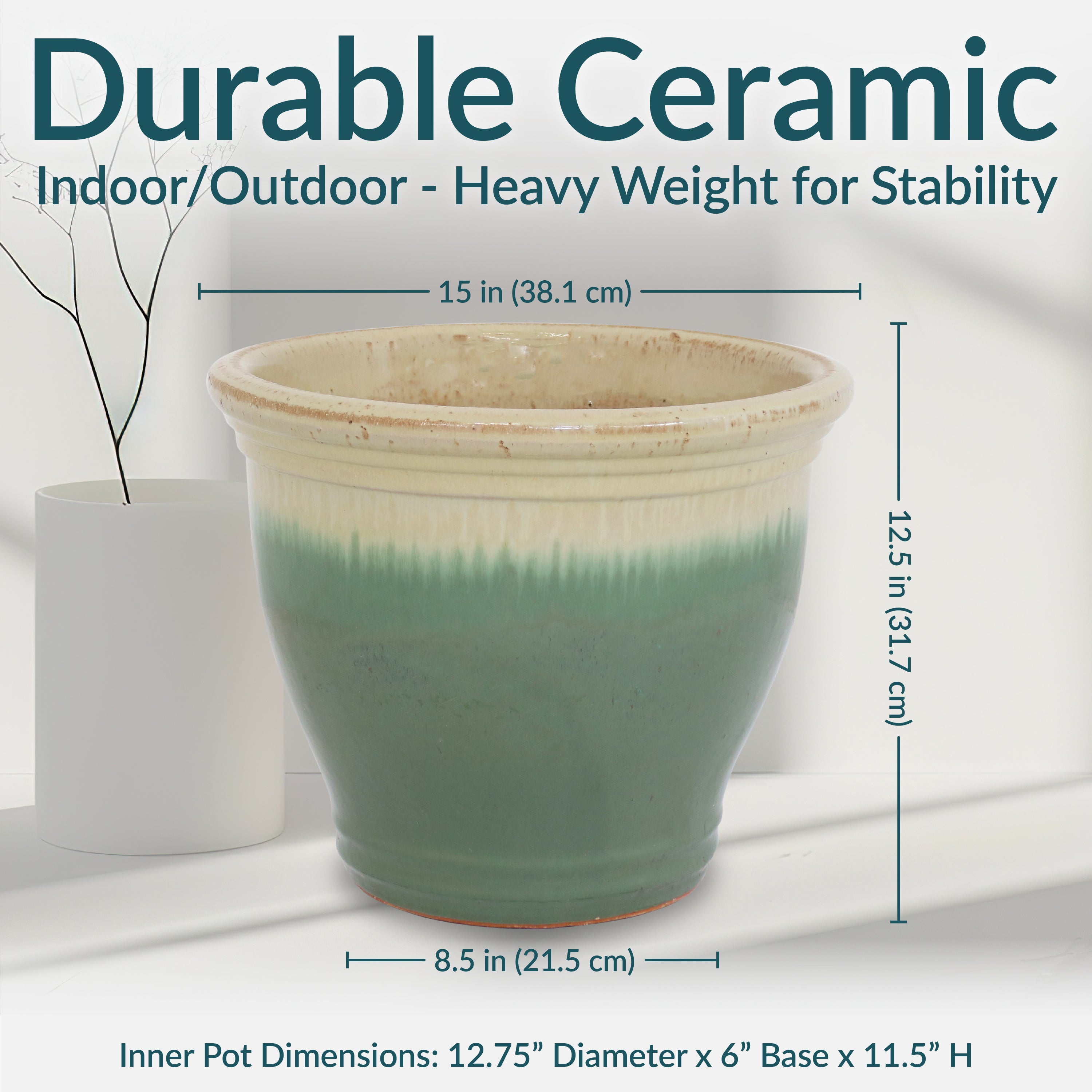 Sunnydaze Studio Round Glazed Ceramic Planter with Drainage Hole - Indoor Outdoor Flower Pot for Plants, Succulents, Herbs - Perfect for Patio, Garden, Balcony Decor