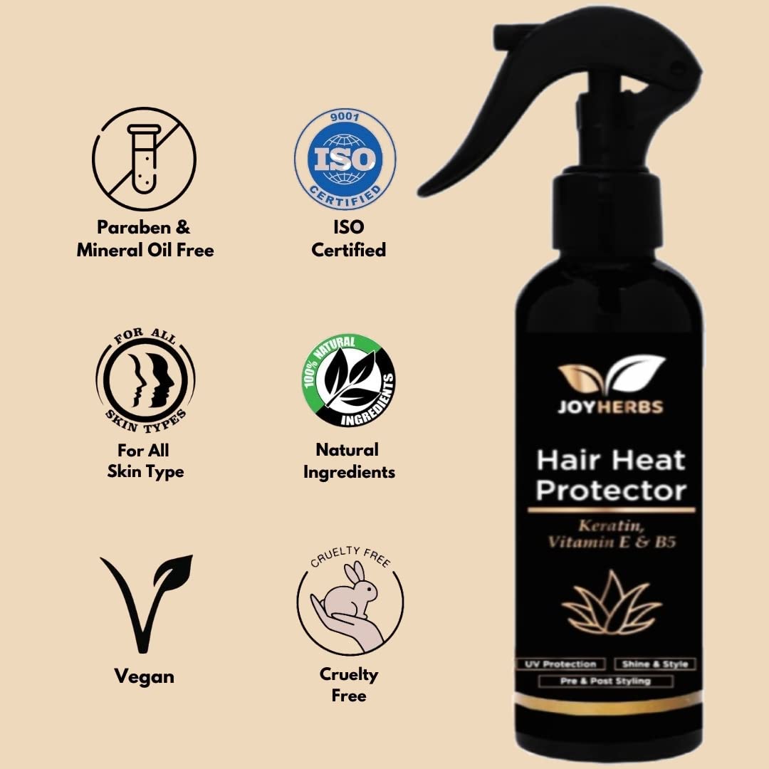 JOYHERBS Natural Heat Protectant Hair Spray 200ml - Keratin, Argan & Avocado Oil Formula Repairs Damage, Reduces Hair Fall & Breakage | Heat Protection for Straighteners, Curling Irons & Styling Tools | Perfect for Daily Styling & Salon Use