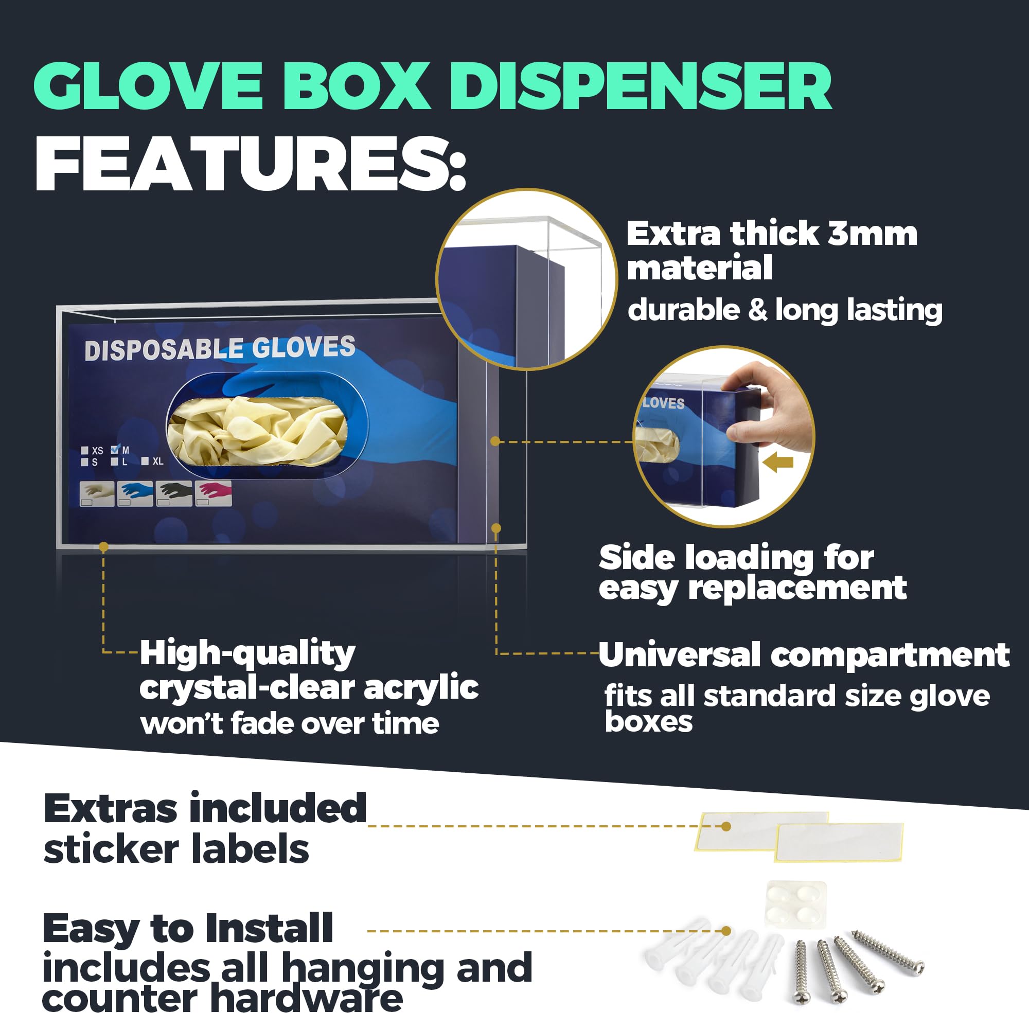 Wall Mount Glove Dispenser for Disposable & Medical Gloves - Storage Standard Glove Box Holder with Hanging Hardware - Multipurpose Kitchen, Clinic & Workshop Glove Organizer - Perfect for Hospitals, Restaurants & Home Use