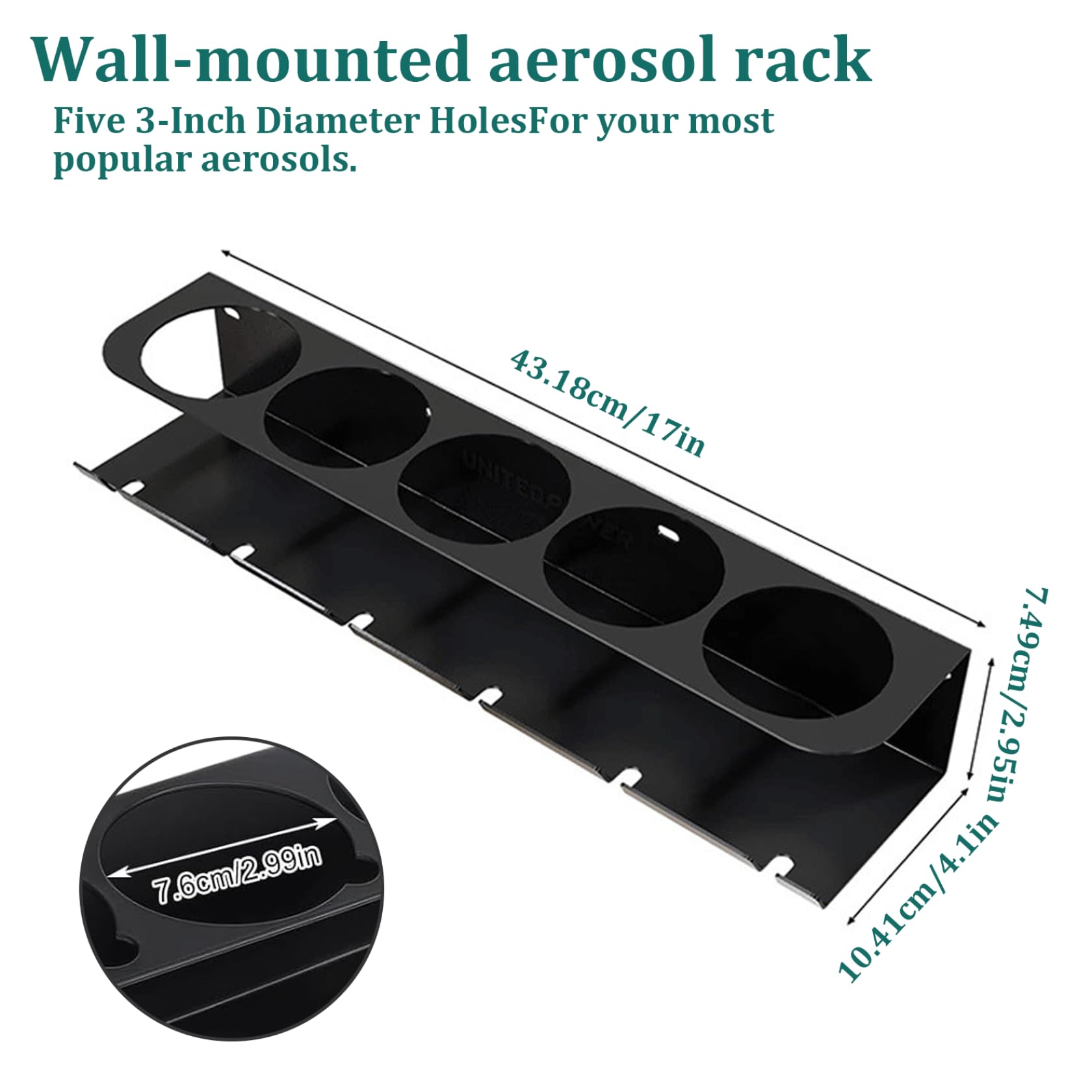 Heavy Duty Wall Mount Aerosol Can Holder with 5 Cans & 6 Slots - Upward Curved Black Metal Spray Bottle Organizer for Garage, Workshop, Kitchen, Bathroom and Workspace Storage