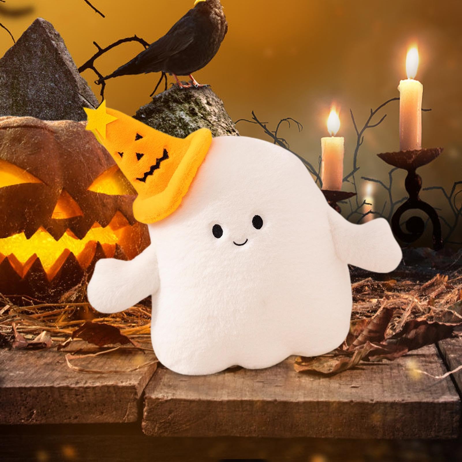 Halloween Plush Ghost Toy with Pumpkin Hat - Soft & Cute Stuffed Animal for Kids - Perfect for Halloween Decorations, Party Favors, and Spooky Gift Giving