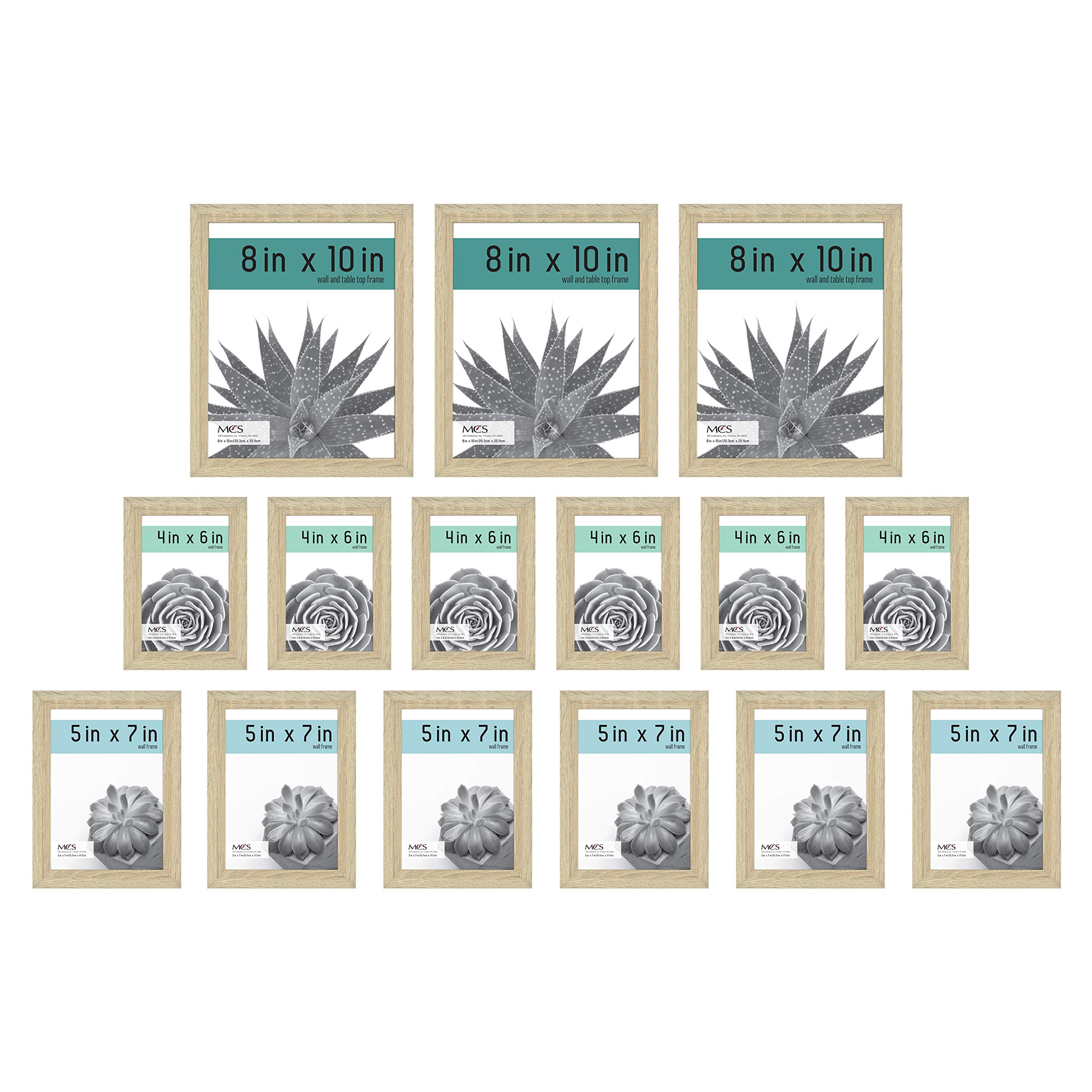 MCS Gallery Essential Picture Frames Set - 15 Piece Wall Photo Frames in 4x6, 5x7 & 8x10 Inch Sizes, Natural Woodgrain - Perfect for Home Decor, Living Room, Bedroom & Office Display