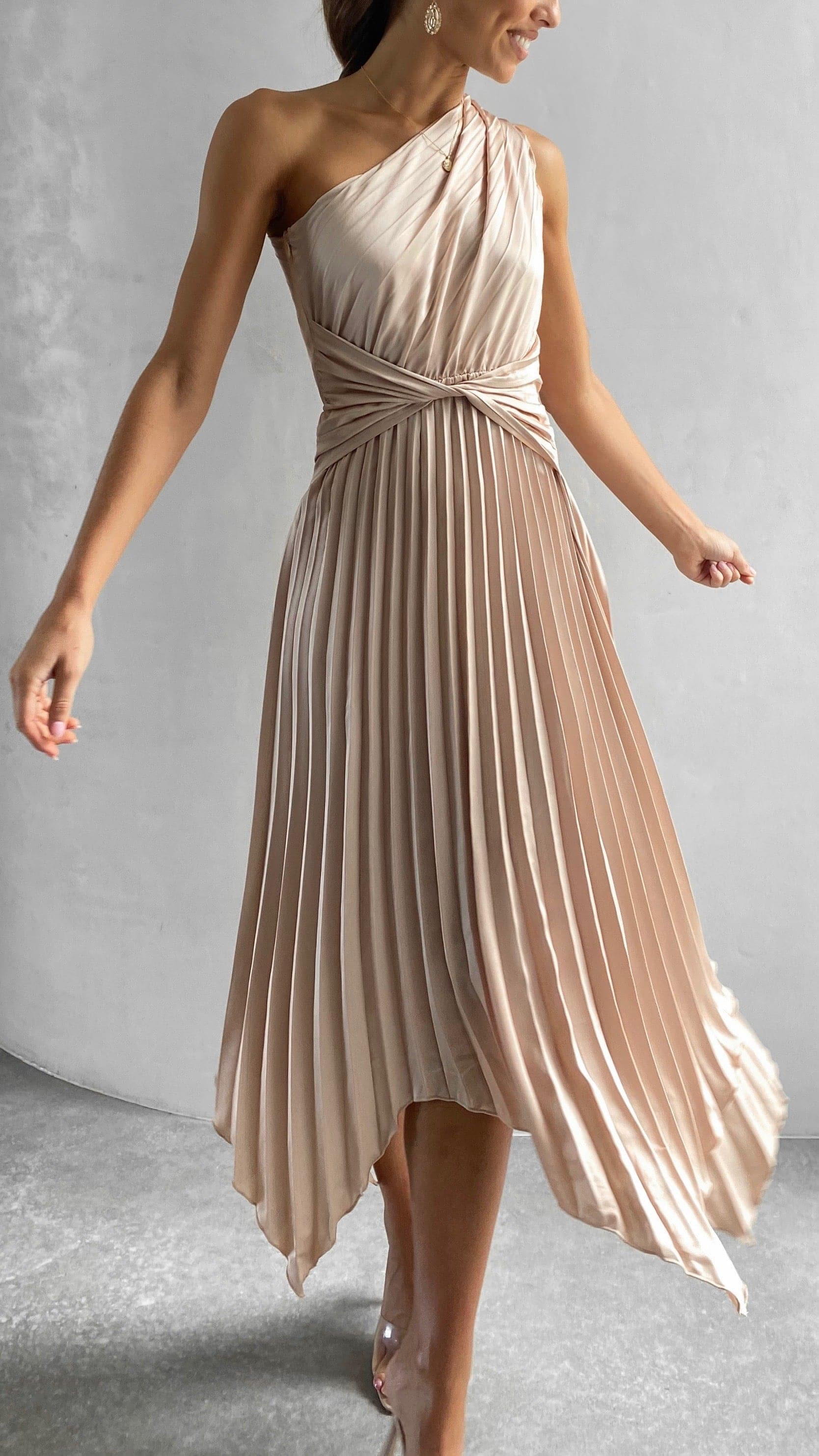 Elegant One Shoulder Midi Dress in Champagne - Perfect for Cocktail Parties, Weddings & Evening Events