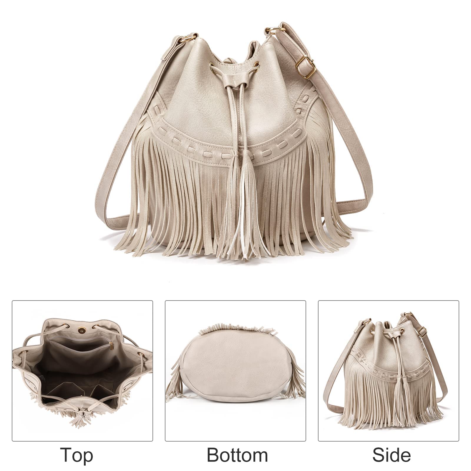 Stylish Leather Bucket Bags for Women - Crossbody Fringe Drawstring Purse with Tassel, Hobo & Shoulder Handbag - Perfect for Casual Outings, Travel & Everyday Use