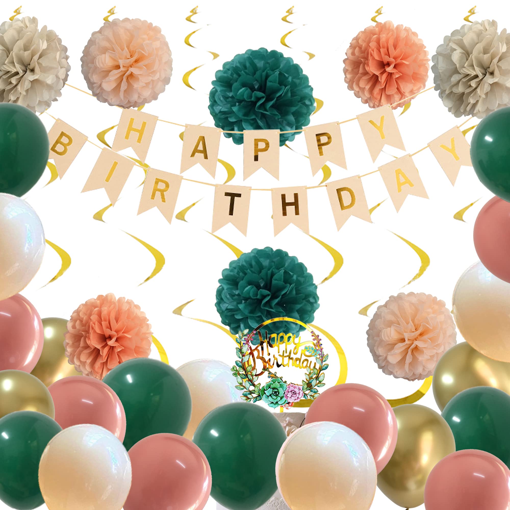 Elegant Emerald Green & Dusty Rose Pink Birthday Decorations Set for Women & Girls - Rustic Banner, Balloons, Floral Cake Topper - Perfect for Birthday Parties, Baby Showers & Special Celebrations