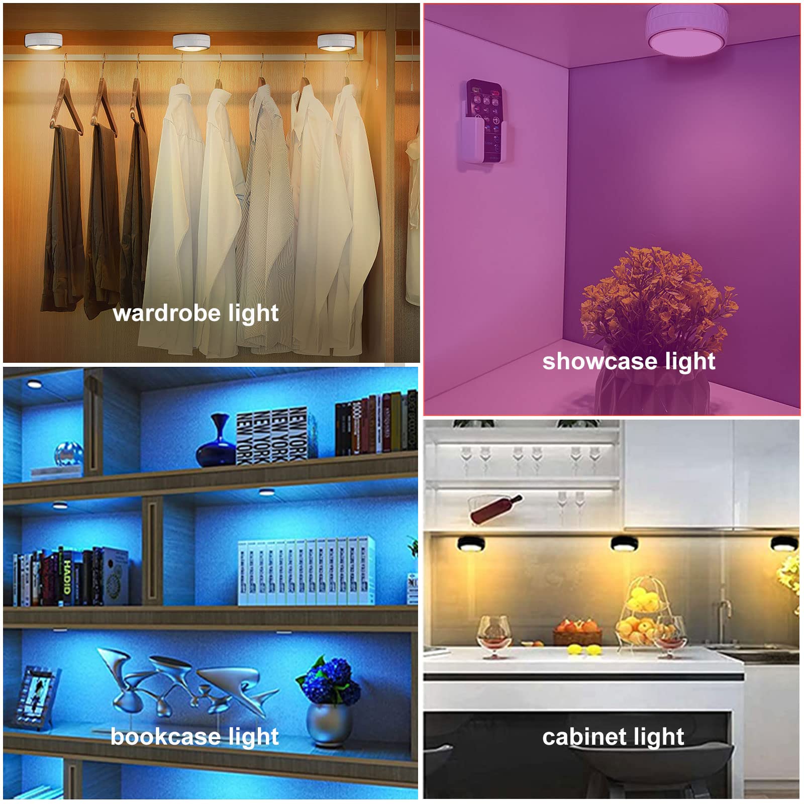 Onumii Wireless LED Puck Lights with Remote - Battery Operated Under Cabinet Lighting, Color Changing Timer Tap Lights for Kitchen, Closet, Shelf & Display Case (2 Pack, White) - Perfect for Home, Office & Commercial Spaces